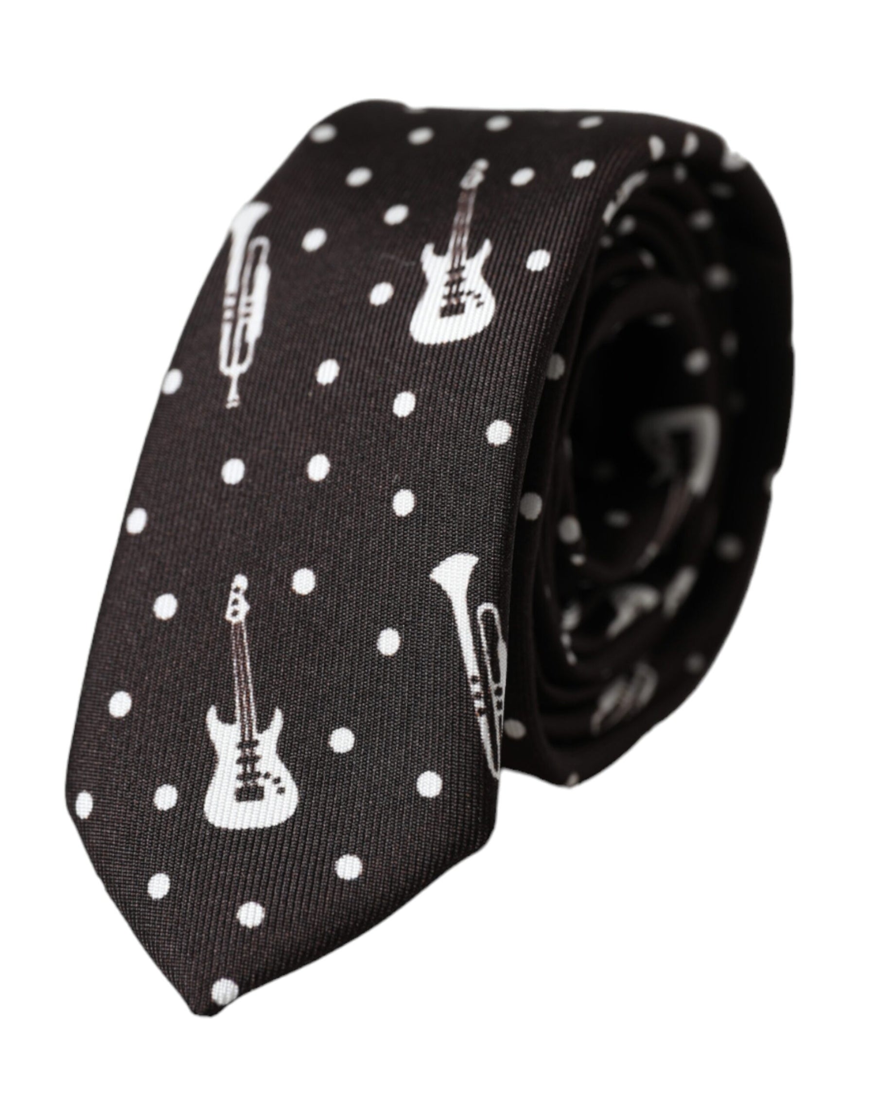 Dolce & Gabbana Black Guitar Print Silk Adjustable Tie | Regal Royce