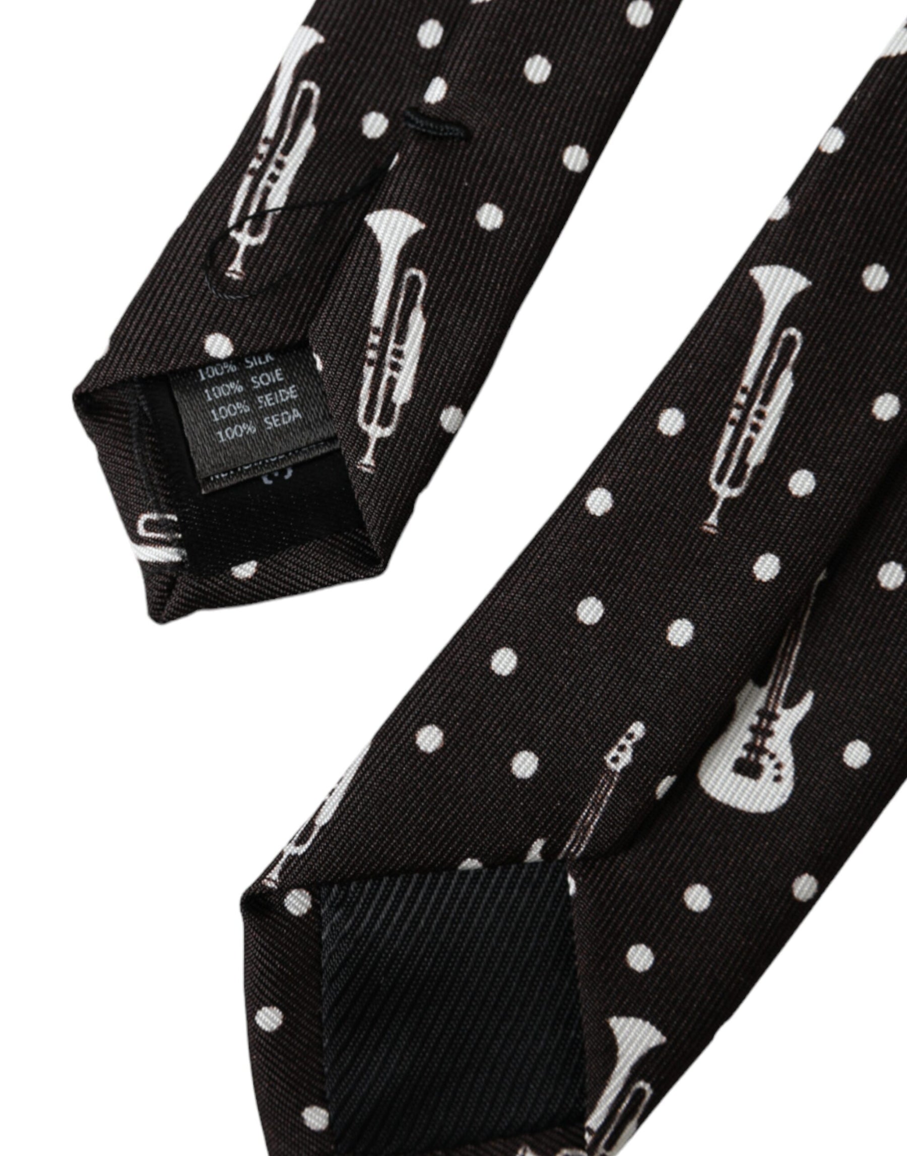 Dolce & Gabbana Black Guitar Print Silk Adjustable Tie | Regal Royce