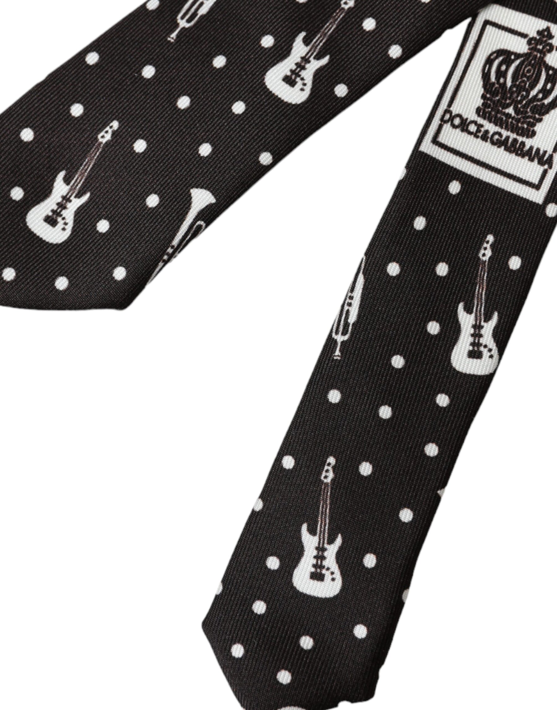 Dolce & Gabbana Black Guitar Print Silk Adjustable Tie | Regal Royce