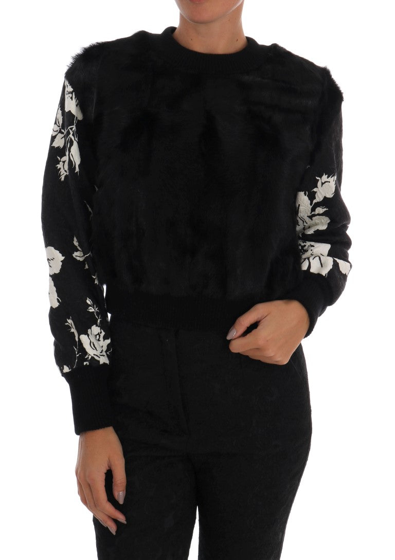Dolce & Gabbana Black Fur Floral Brocade Zipper Sweater | Regal Royce