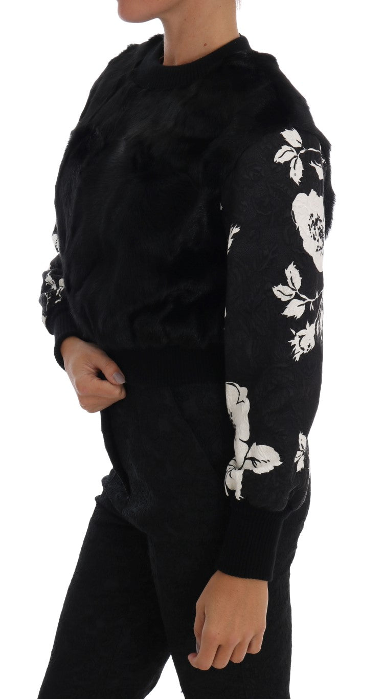 Dolce & Gabbana Black Fur Floral Brocade Zipper Sweater | Regal Royce
