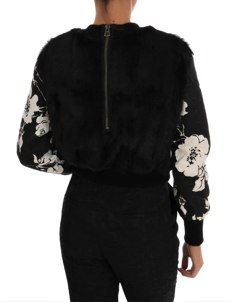 Dolce & Gabbana Black Fur Floral Brocade Zipper Sweater | Regal Royce