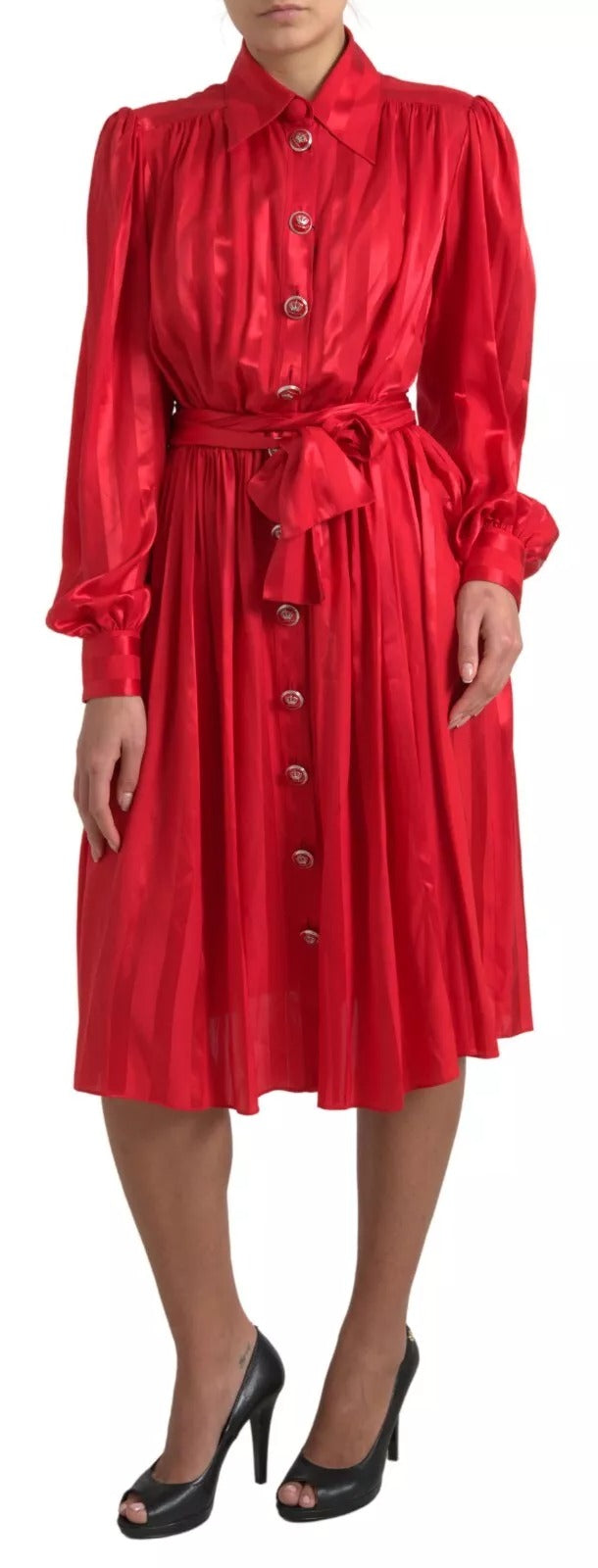 Dolce & Gabbana Red Button Down Belted Midi Satin Silk Dress | Regal Royce