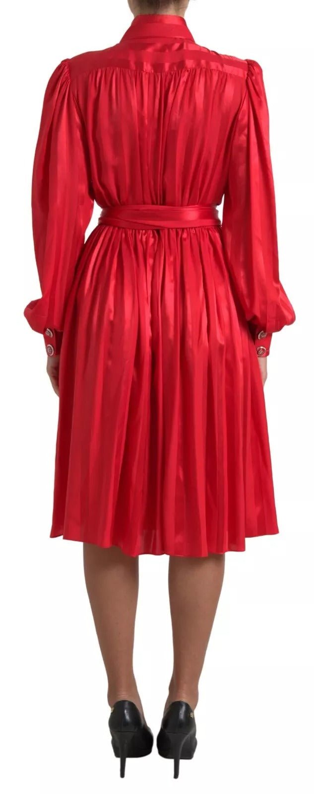 Dolce & Gabbana Red Button Down Belted Midi Satin Silk Dress | Regal Royce