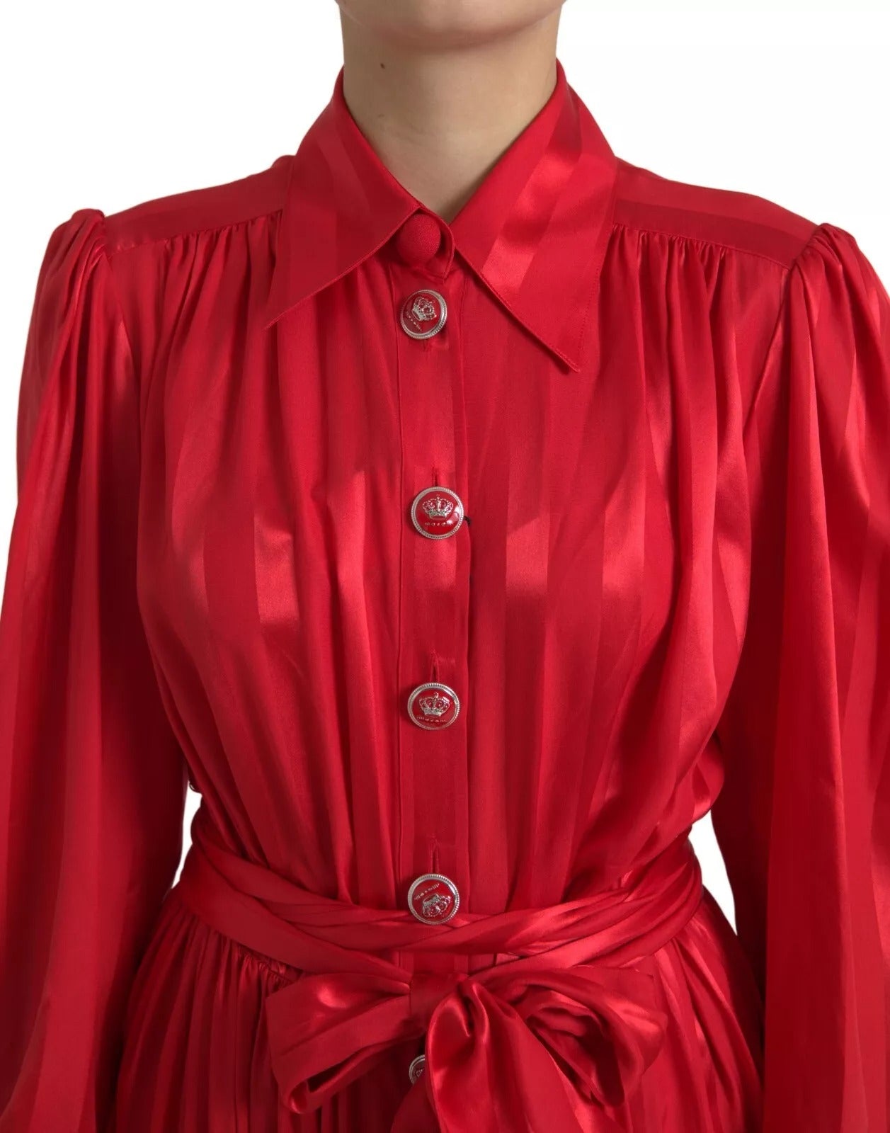 Dolce & Gabbana Red Button Down Belted Midi Satin Silk Dress | Regal Royce