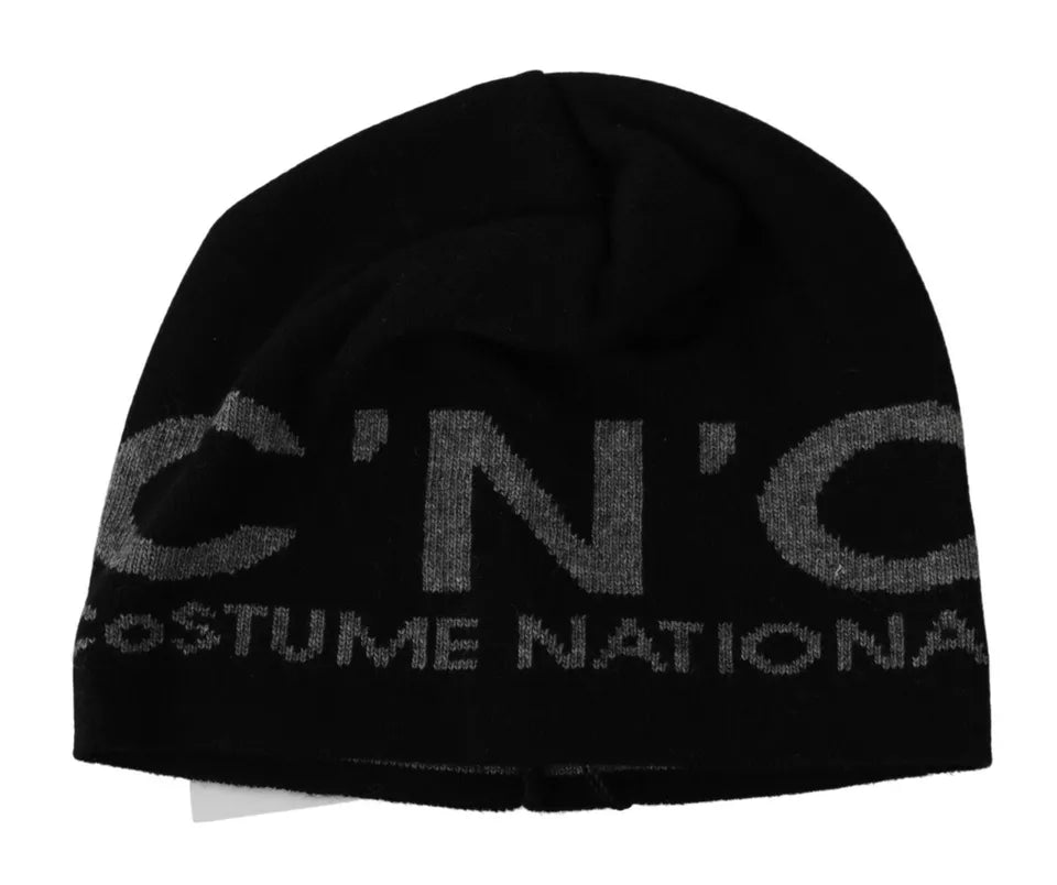 Costume National Black Wool Blend Branded Beanie Hat | Regal Royce