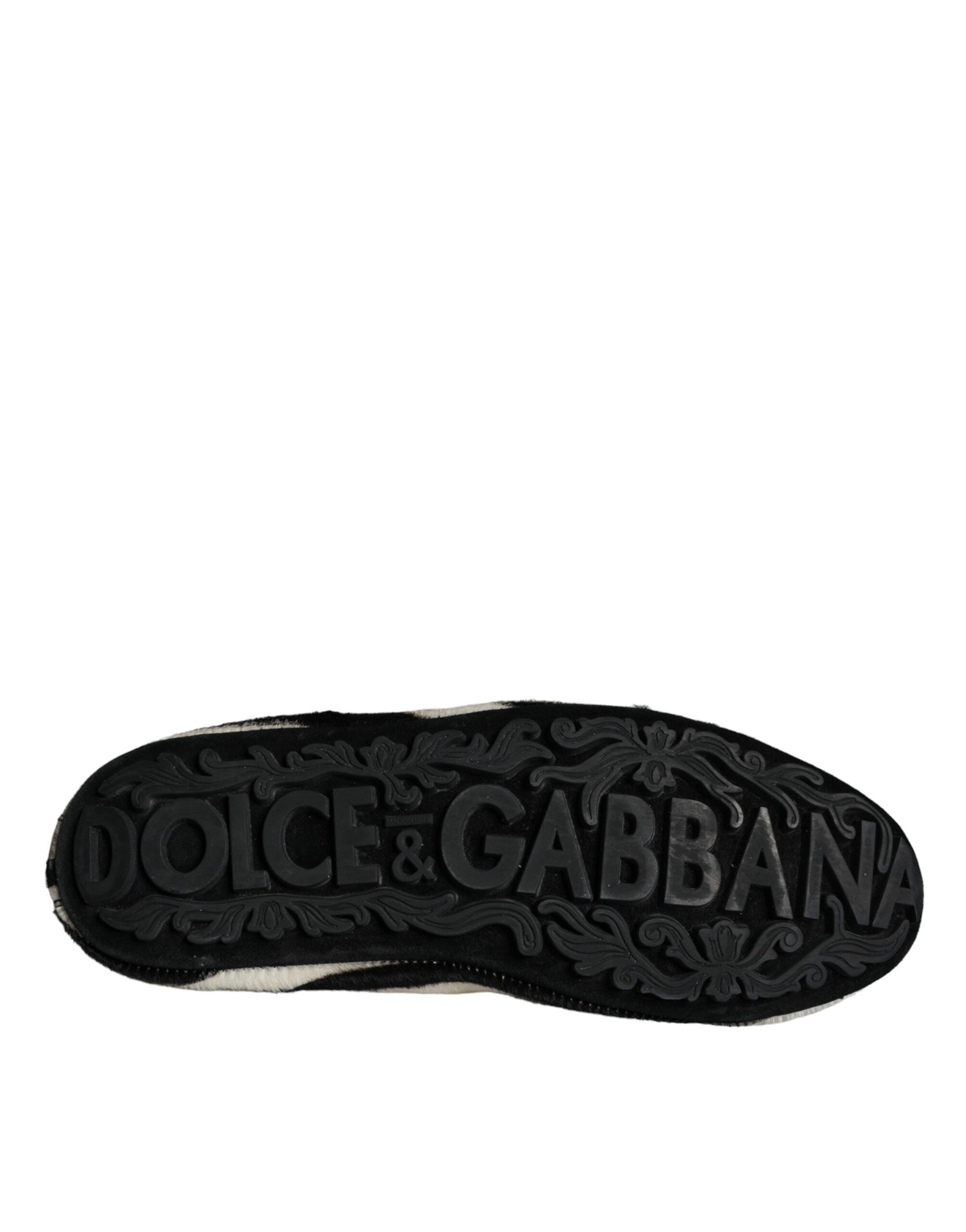 Dolce & Gabbana Black White Calf Fur Slip On Loafers Men Shoes | Regal Royce