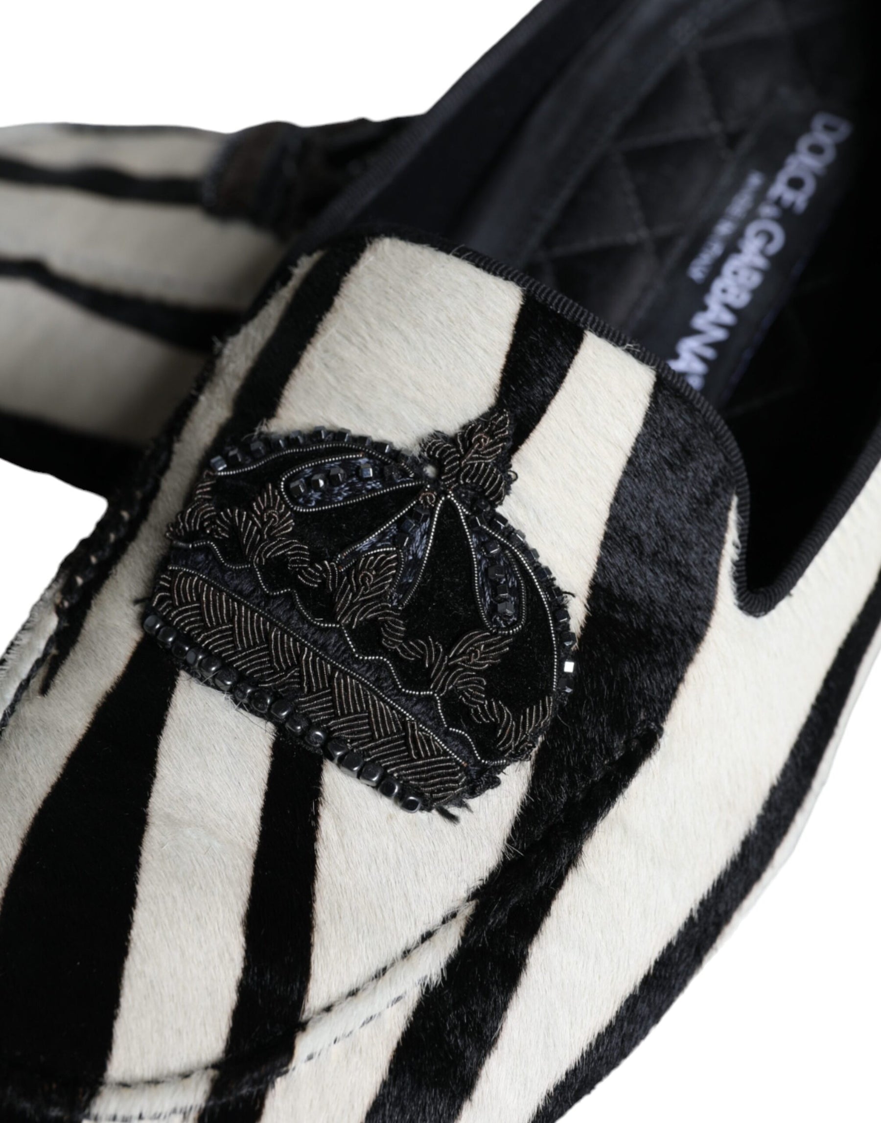 Dolce & Gabbana Black White Calf Fur Slip On Loafers Men Shoes | Regal Royce