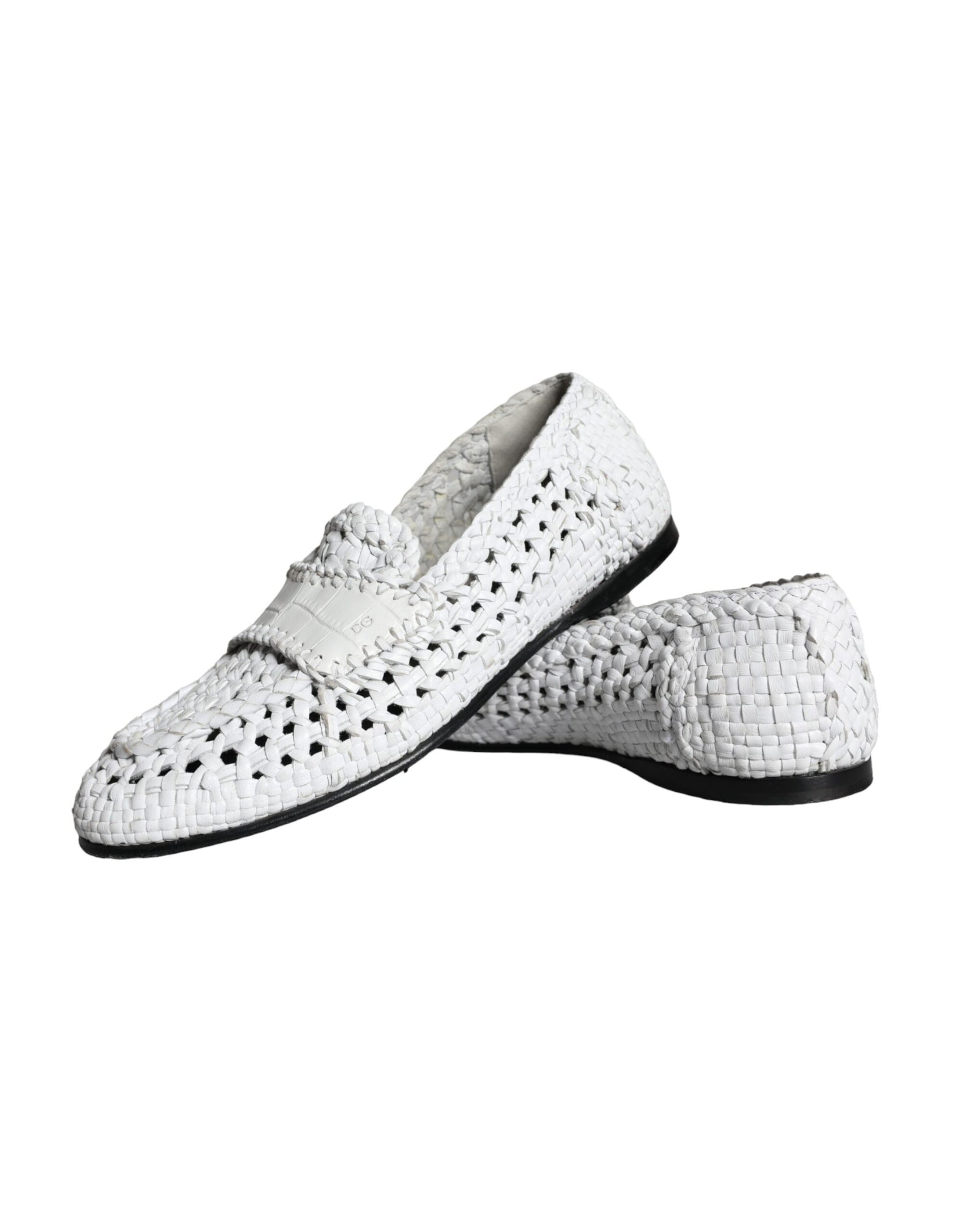 Dolce & Gabbana White Woven Leather Slip On Loafers Men Shoes | Regal Royce