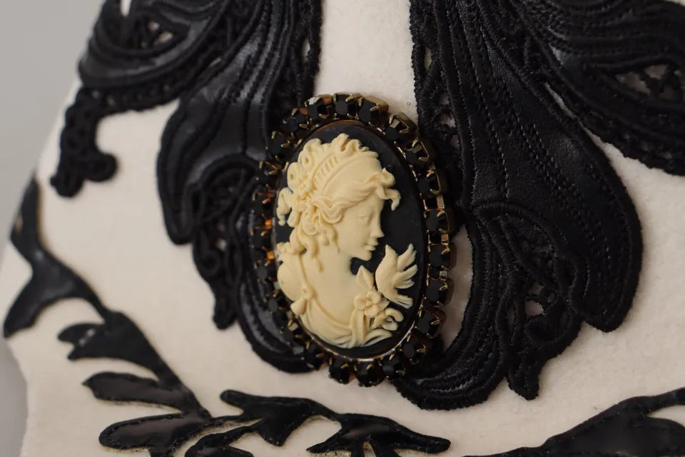 Dolce & Gabbana White Black Wool Embroidered Cameo Brooch Hat | Regal Royce