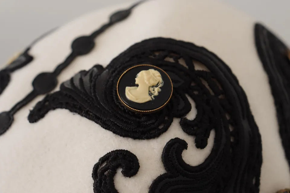 Dolce & Gabbana White Black Wool Embroidered Cameo Brooch Hat | Regal Royce