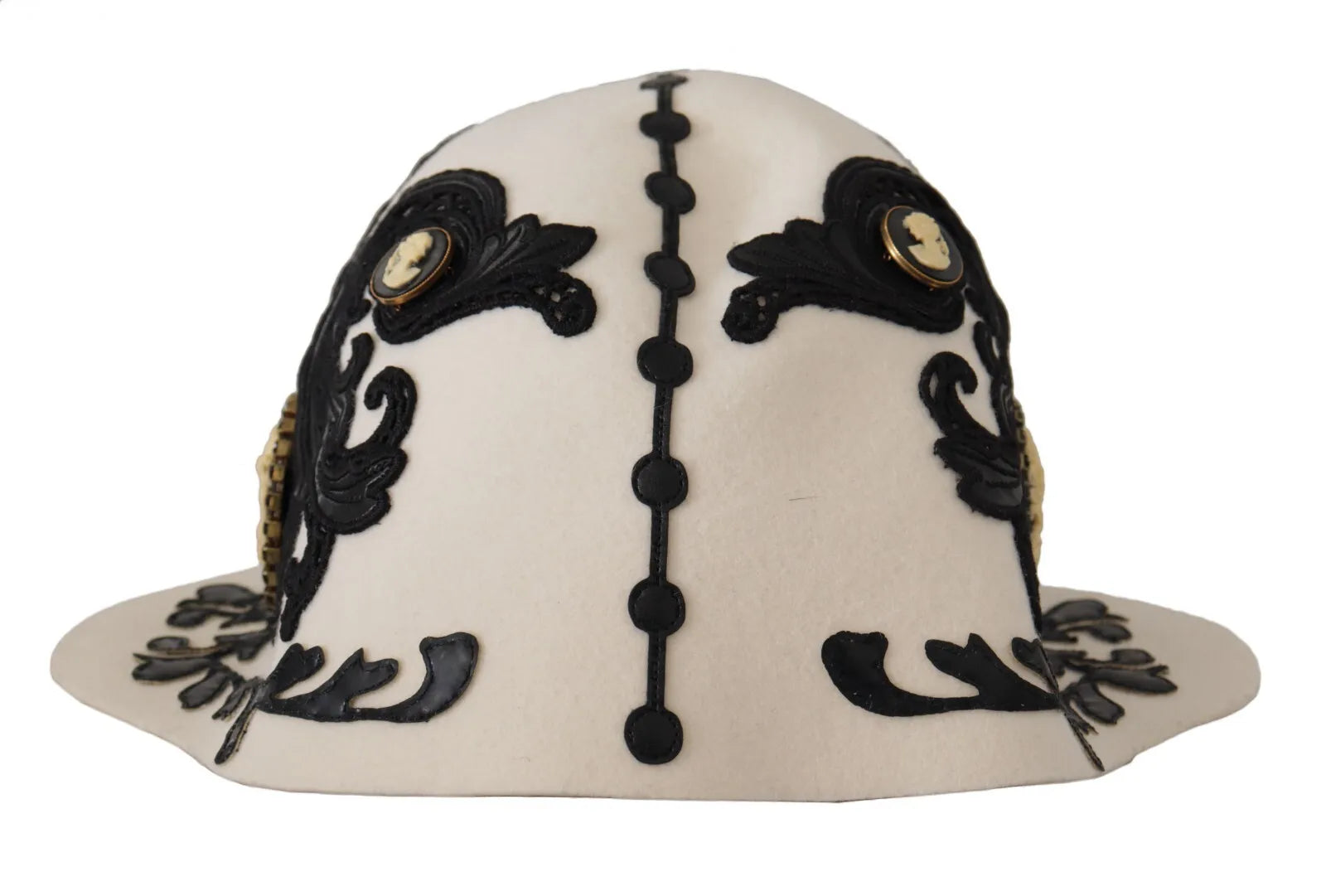 Dolce & Gabbana White Black Wool Embroidered Cameo Brooch Hat | Regal Royce