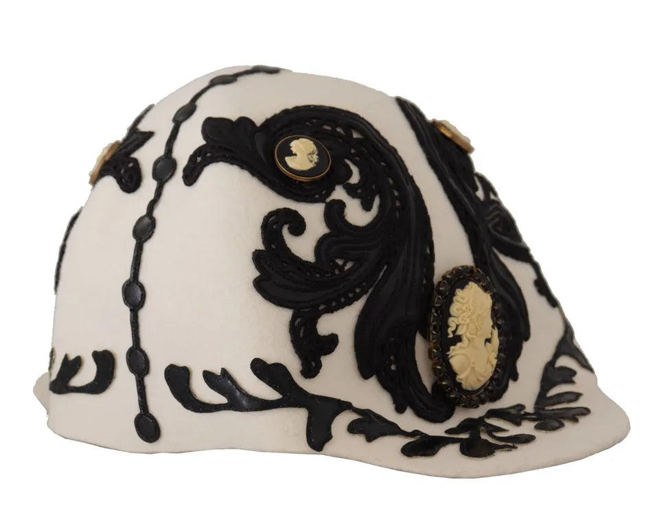 Dolce & Gabbana White Black Wool Embroidered Cameo Brooch Hat | Regal Royce