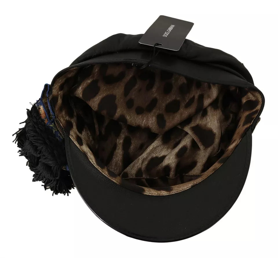 Dolce & Gabbana Black Leather Crystal Beads Gold Ribbon Fiddler Cap | Regal Royce