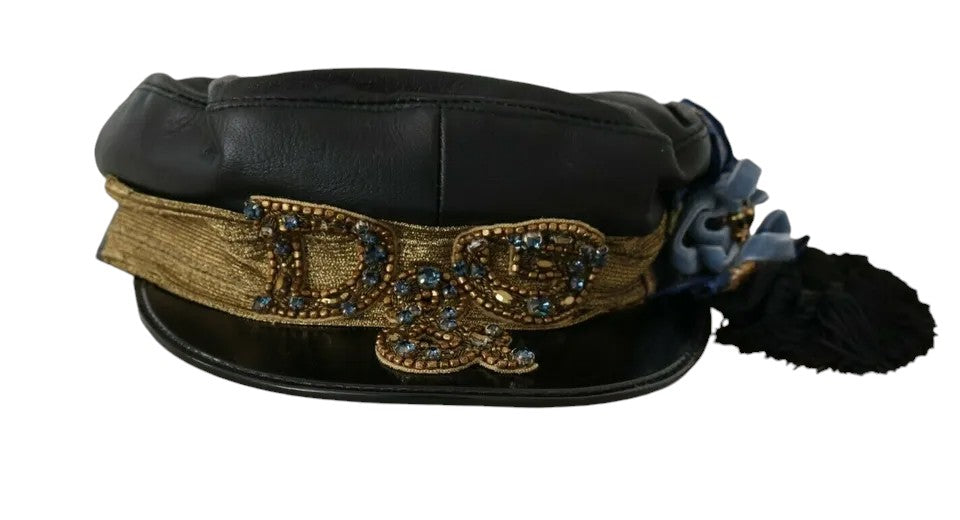 Dolce & Gabbana Black Leather Crystal Beads Gold Ribbon Fiddler Cap | Regal Royce