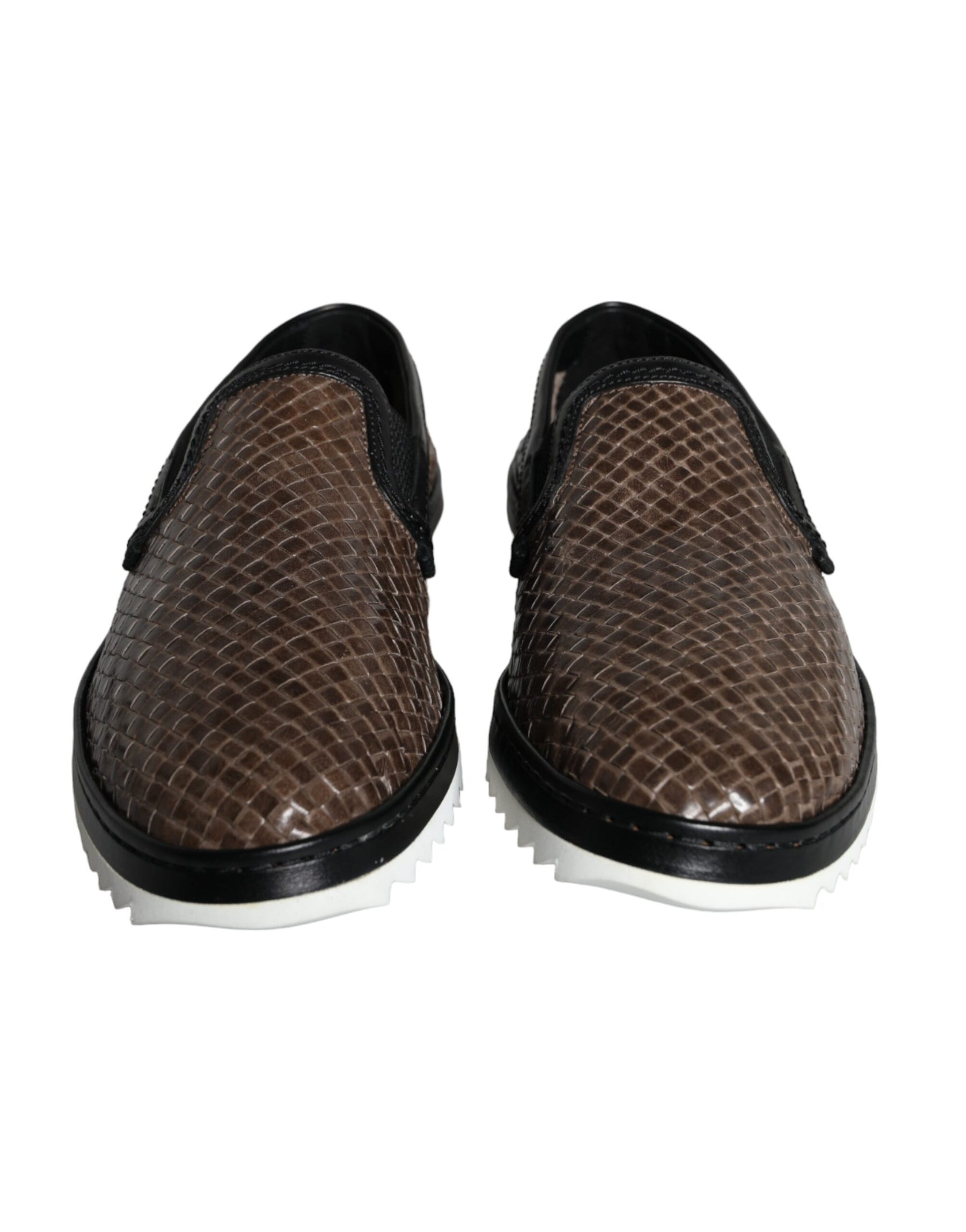 Dolce & Gabbana Brown Black Leather Weaved Men Loafers Shoes | Regal Royce