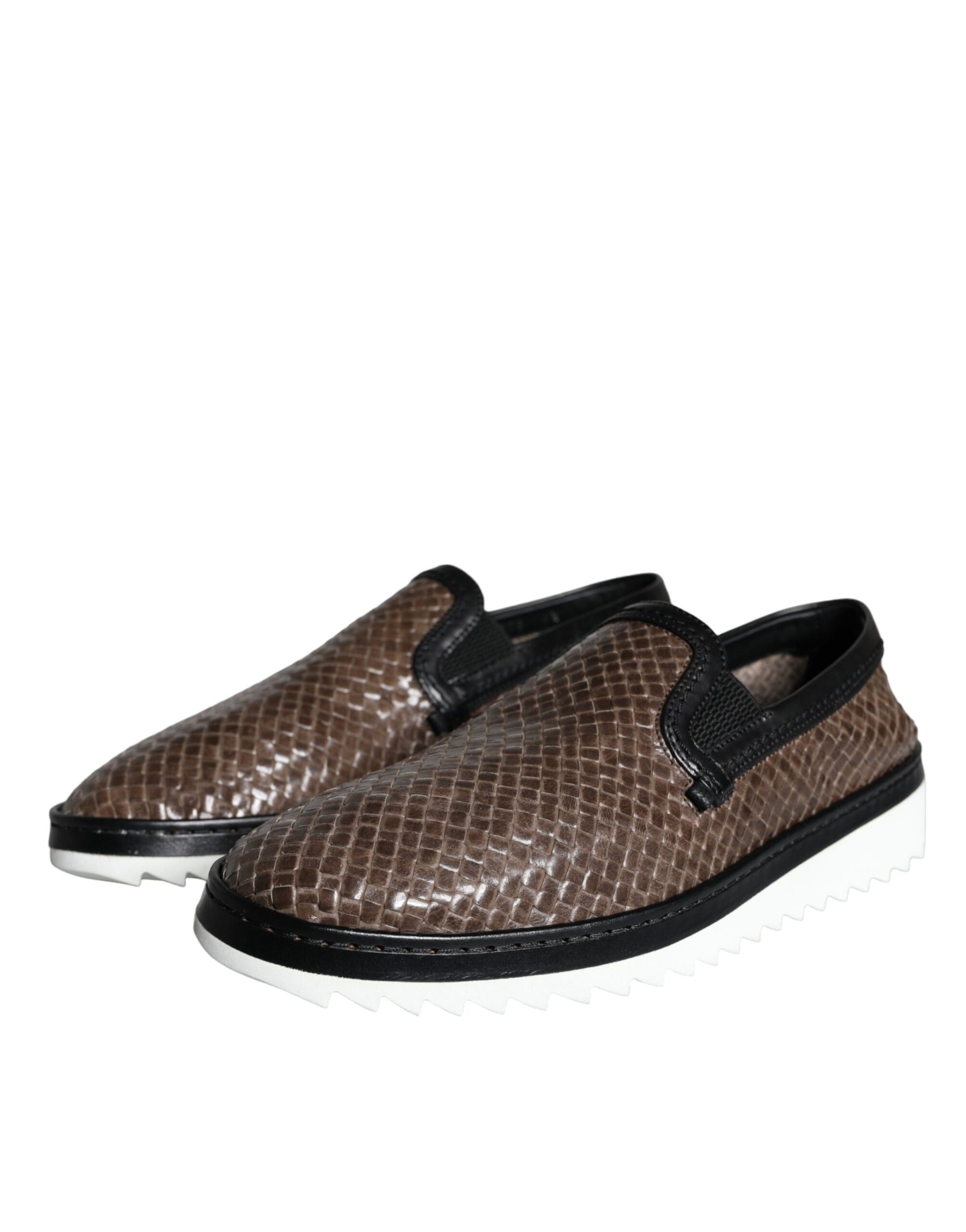 Dolce & Gabbana Brown Black Leather Weaved Men Loafers Shoes | Regal Royce