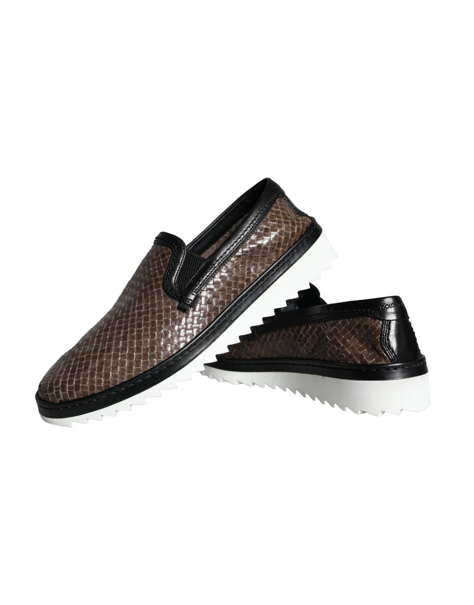 Dolce & Gabbana Brown Black Leather Weaved Men Loafers Shoes | Regal Royce
