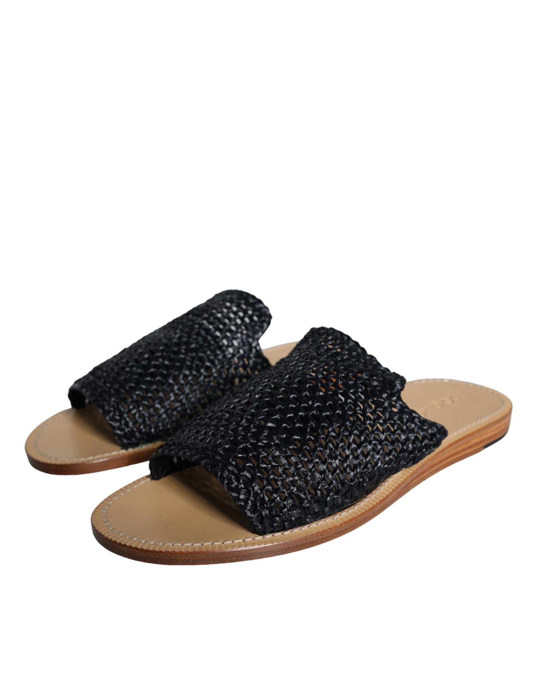 Dolce & Gabbana Black Monochrome Braided Raffia Slides Shoes | Regal Royce