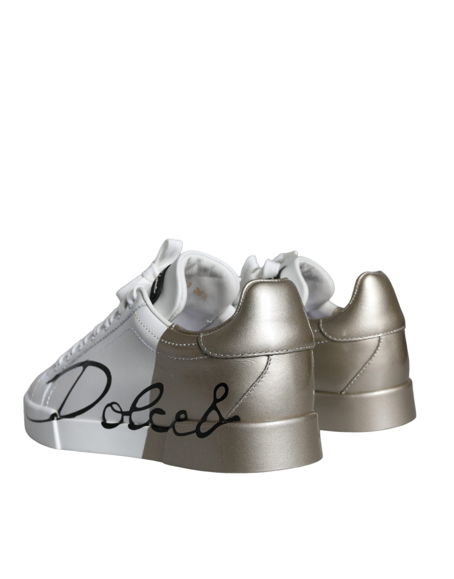 Dolce & Gabbana White Gold Portofino Low Top Leather Sneakers Shoes | Regal Royce