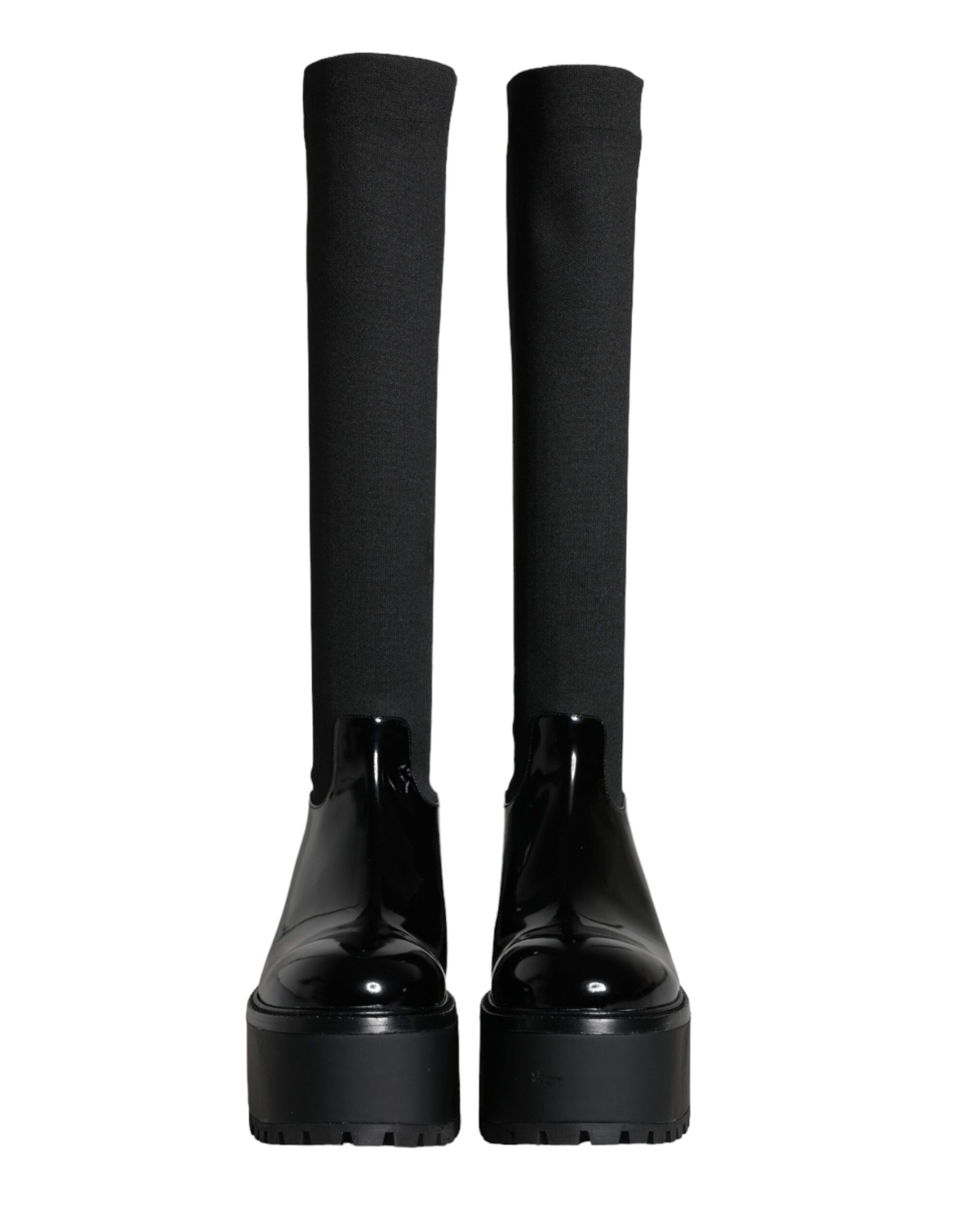Dolce & Gabbana Black Leather Jersey Knee High Boots Shoes | Regal Royce
