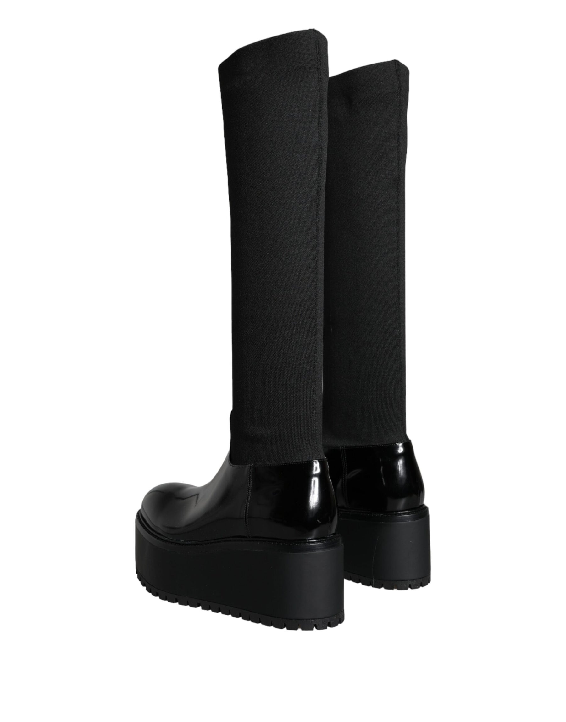 Dolce & Gabbana Black Leather Jersey Knee High Boots Shoes | Regal Royce
