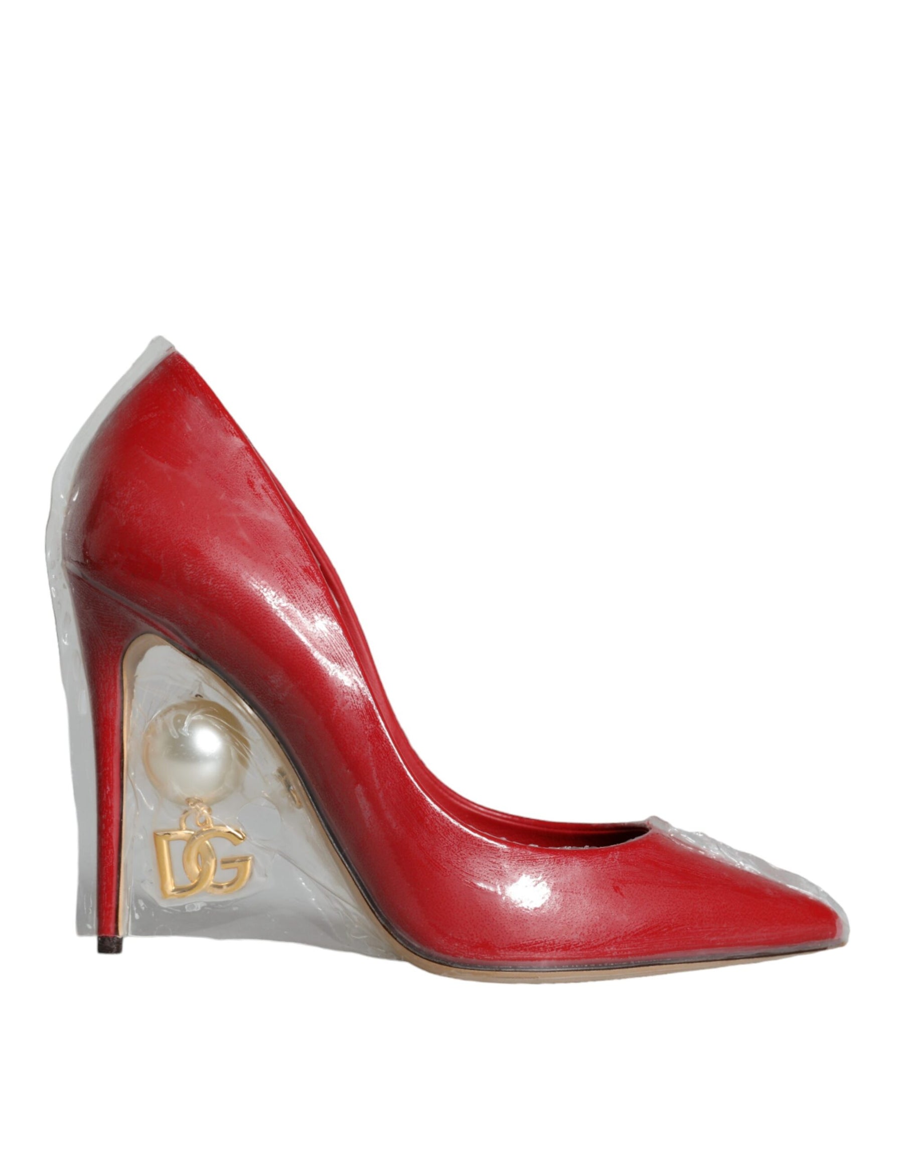 Dolce & Gabbana Red Patent Leather Faux Pearl Heels Pumps Shoes | Regal Royce