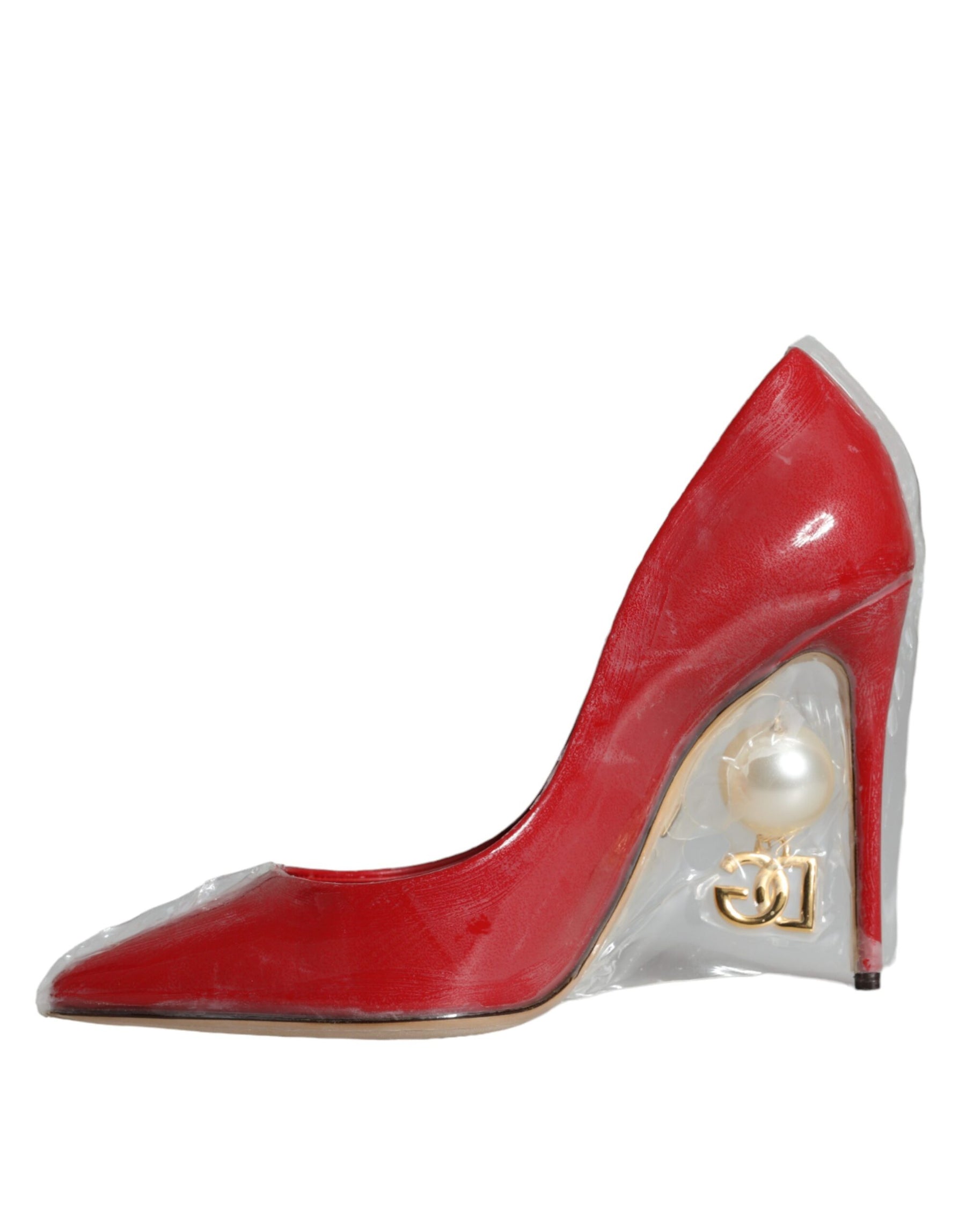 Dolce & Gabbana Red Patent Leather Faux Pearl Heels Pumps Shoes | Regal Royce