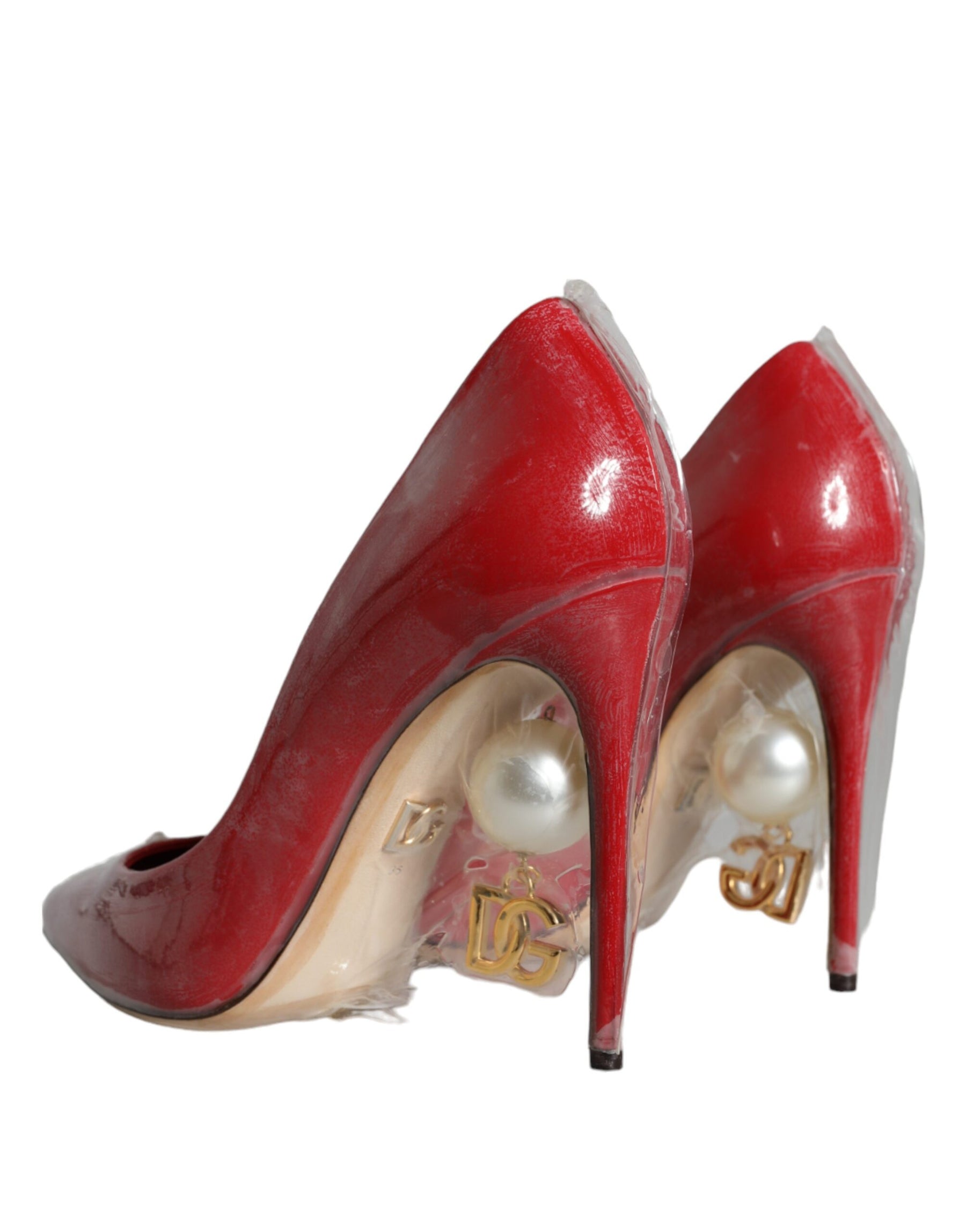 Dolce & Gabbana Red Patent Leather Faux Pearl Heels Pumps Shoes | Regal Royce