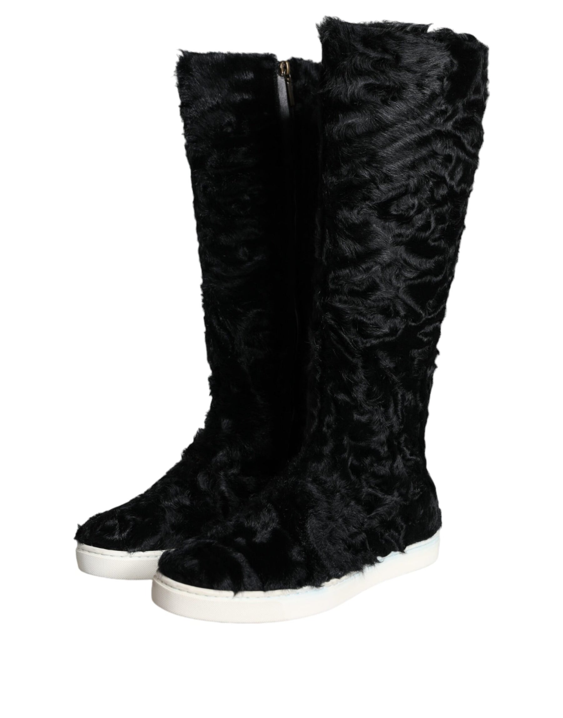 Dolce & Gabbana Black Xiangao Lamb Fur Leather Boots Shoes | Regal Royce