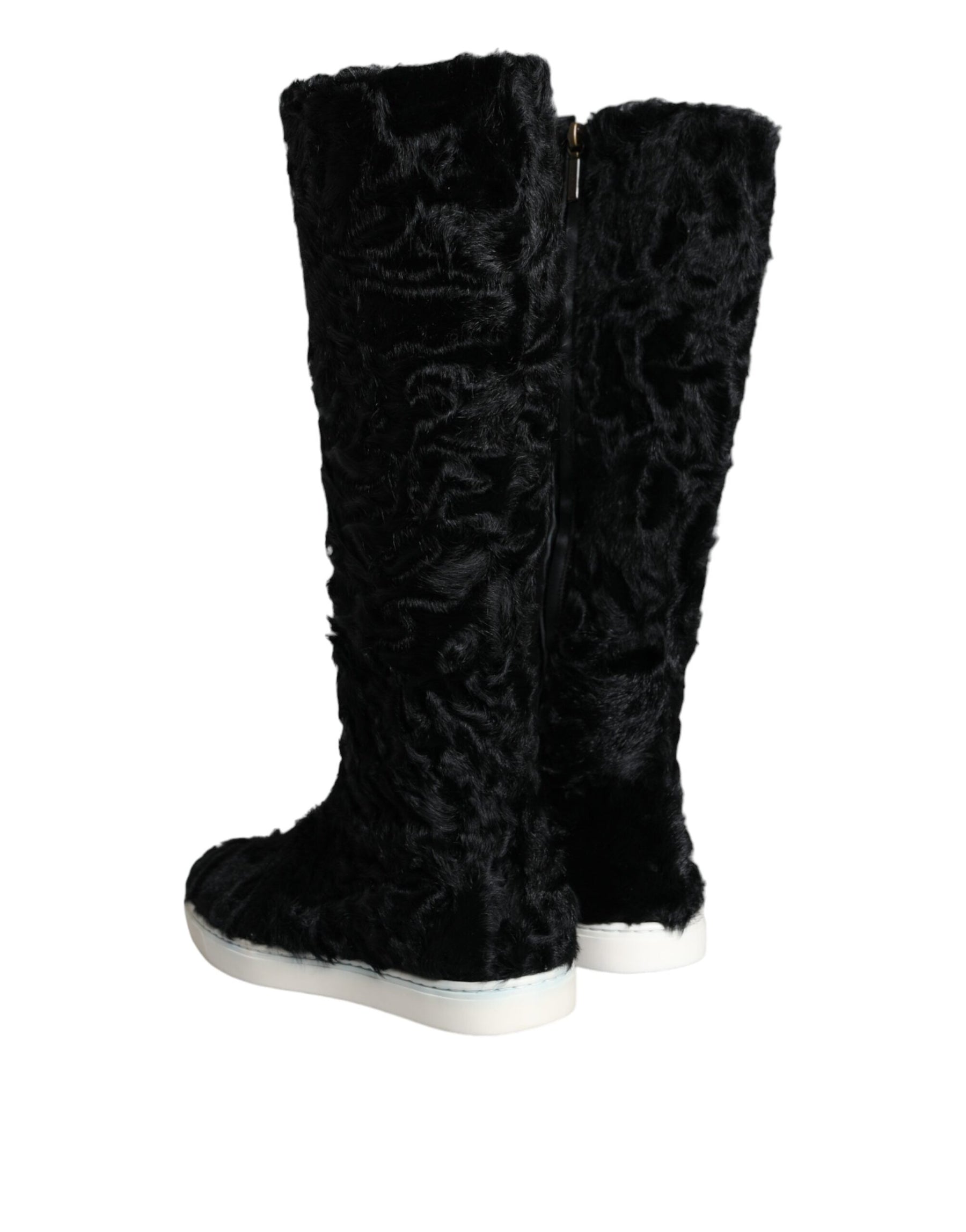 Dolce & Gabbana Black Xiangao Lamb Fur Leather Boots Shoes | Regal Royce
