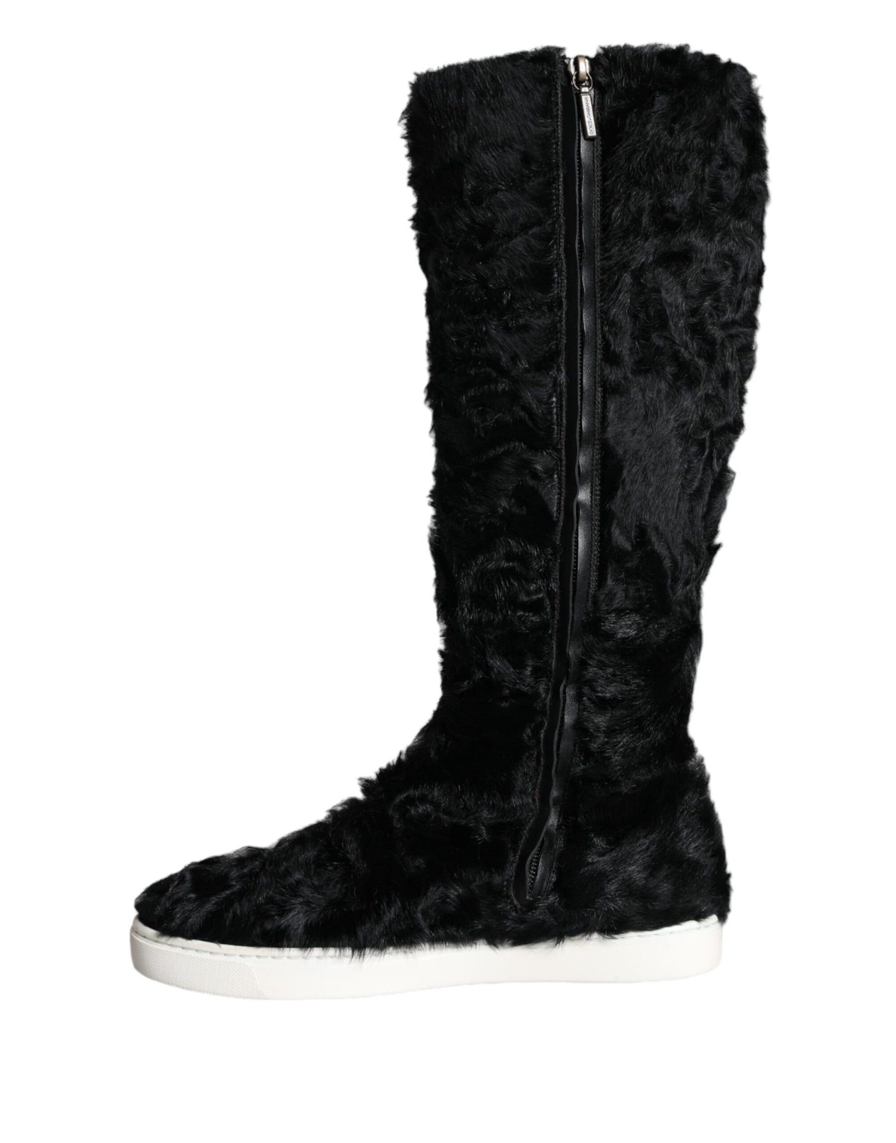 Dolce & Gabbana Black Xiangao Lamb Fur Leather Boots Shoes | Regal Royce