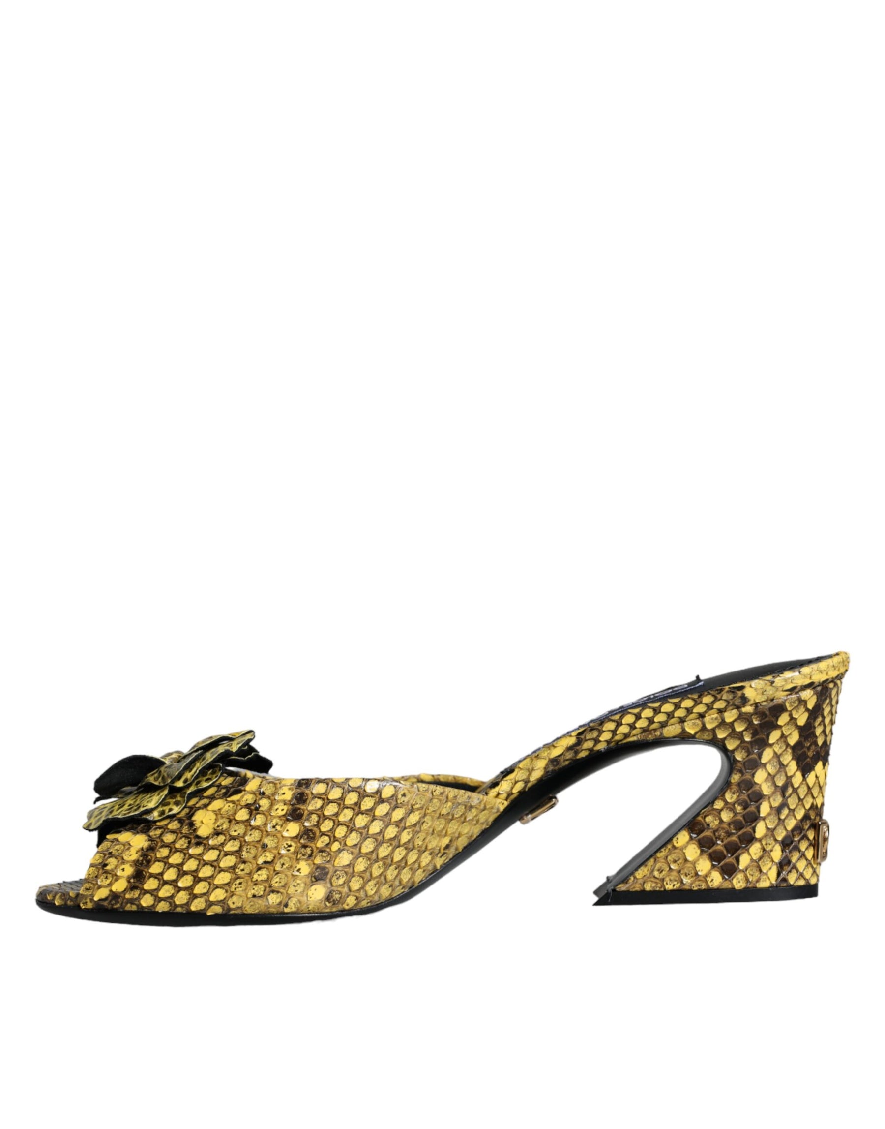 Dolce & Gabbana Yellow Leather Block Heels Slides Shoes | Regal Royce