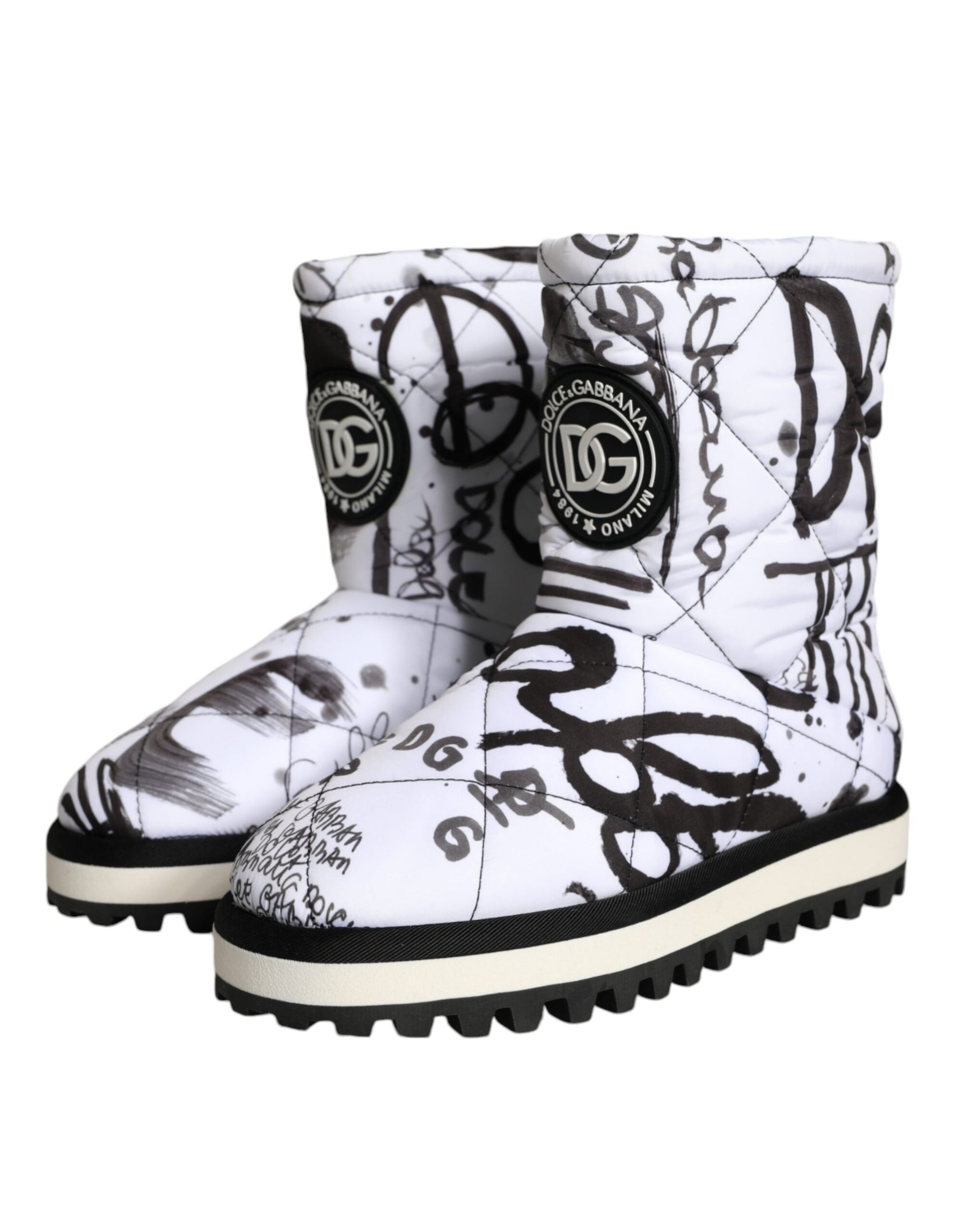 Dolce & Gabbana White Padded Logo Print Mid Calf Boots Shoes | Regal Royce