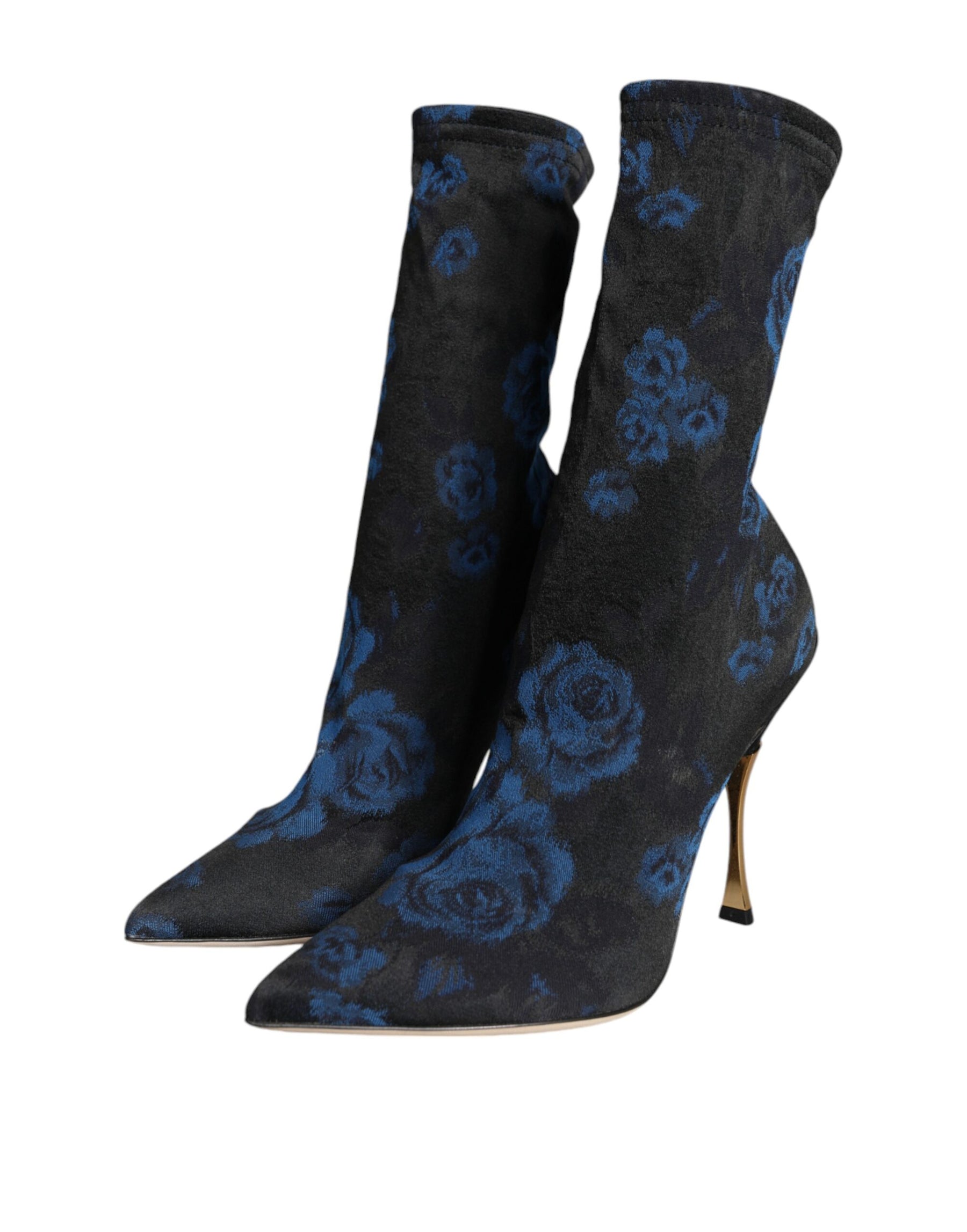 Dolce & Gabbana Black Floral Stretch Mid Calf Boots Shoes | Regal Royce