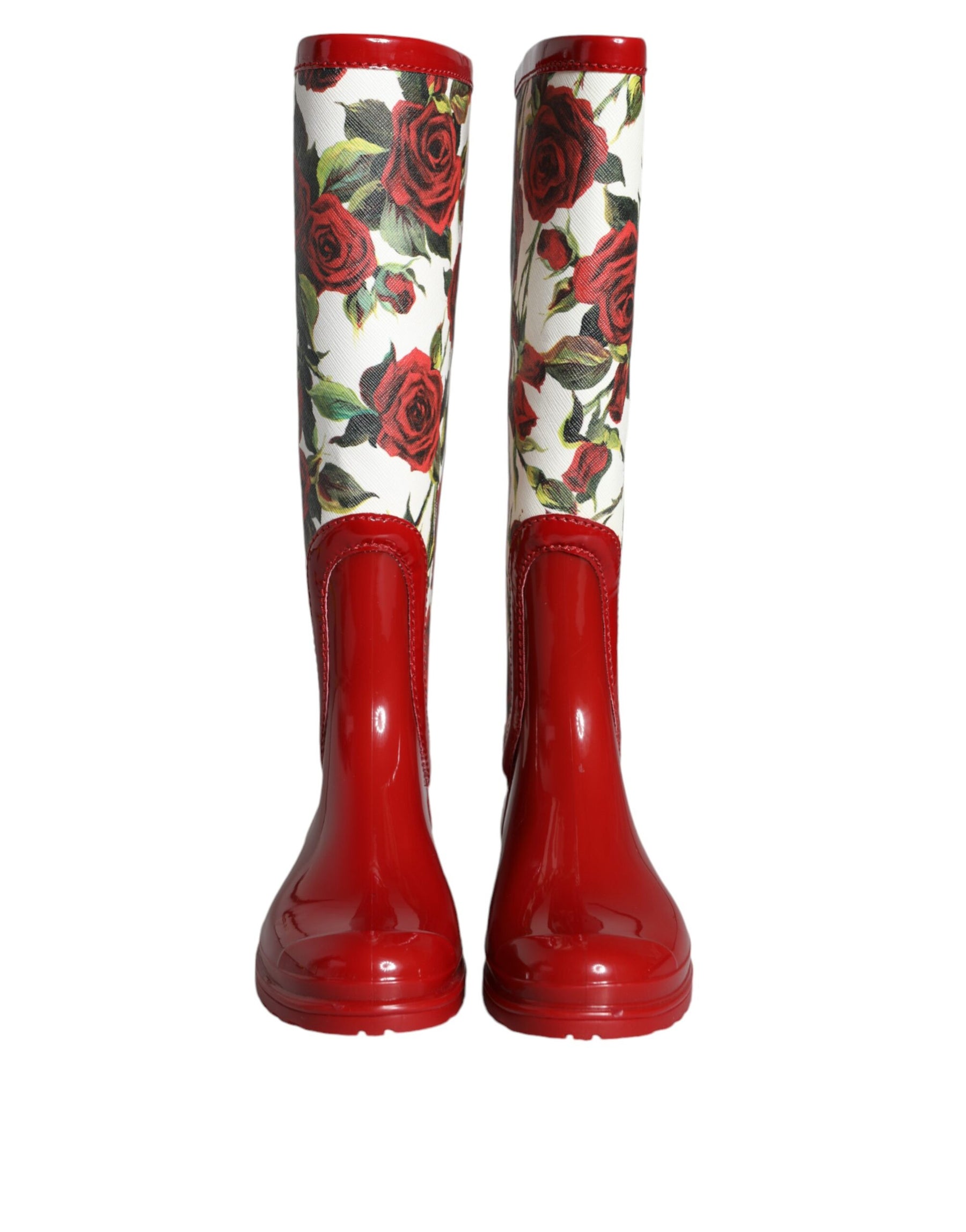 Dolce & Gabbana Red Floral Rubber Knee High Flat Boots Shoes | Regal Royce