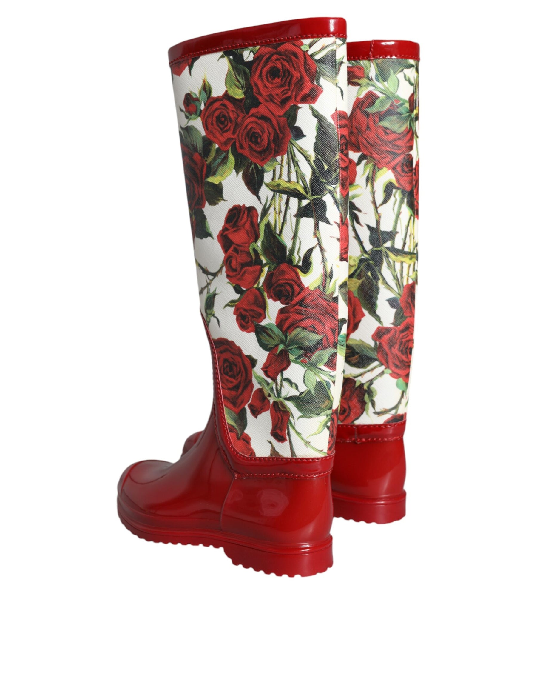 Dolce & Gabbana Red Floral Rubber Knee High Flat Boots Shoes | Regal Royce