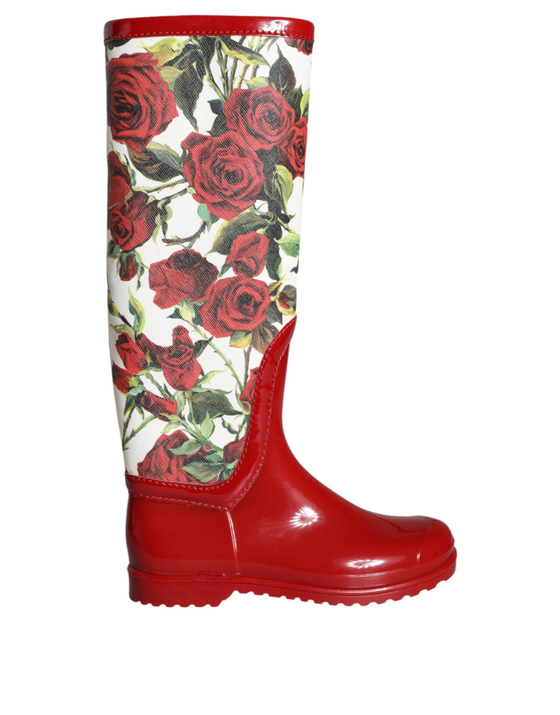 Dolce & Gabbana Red Floral Rubber Knee High Flat Boots Shoes | Regal Royce