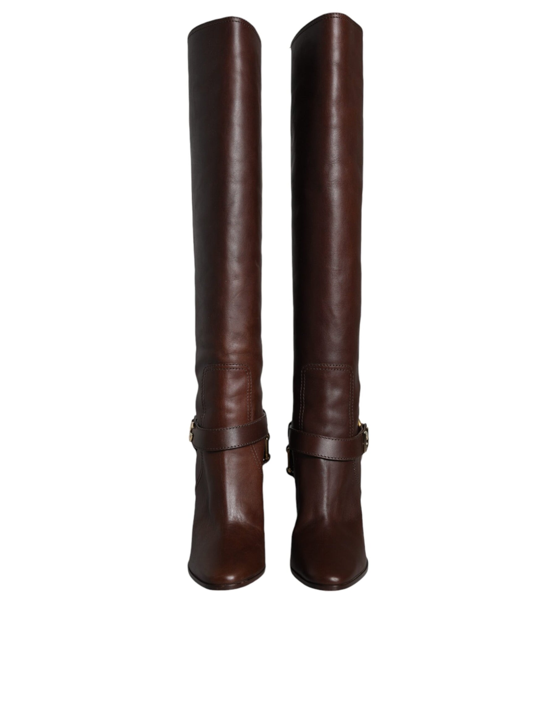 Dolce & Gabbana Brown Leather Gold Tone Logo High Boots Shoes | Regal Royce