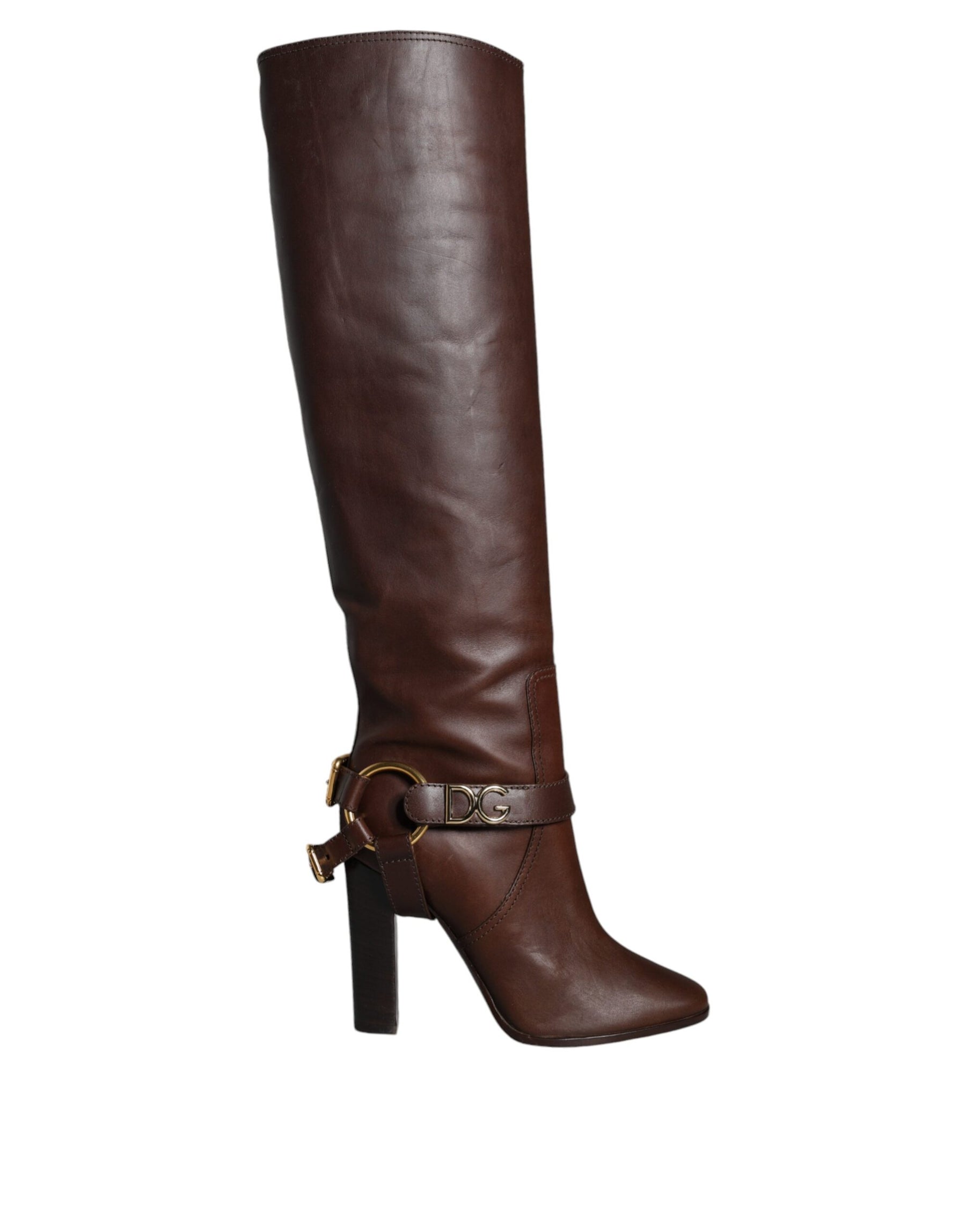 Dolce & Gabbana Brown Leather Gold Tone Logo High Boots Shoes | Regal Royce