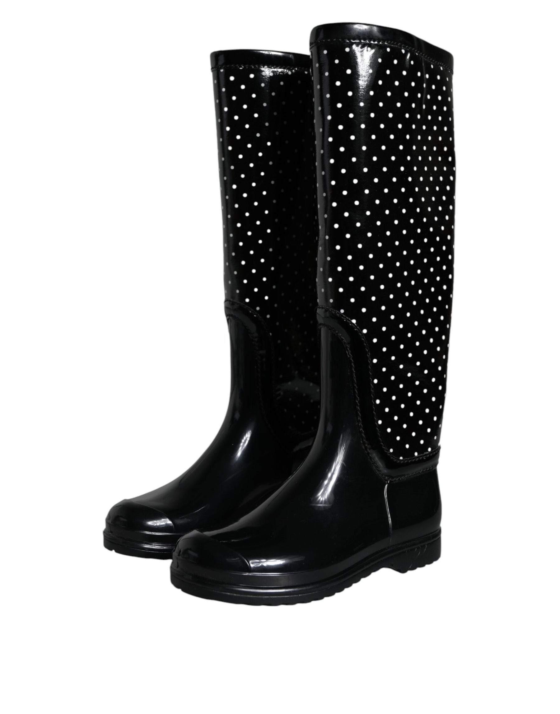 Dolce & Gabbana Black Polka Dot Rubber Knee High Boots Shoes | Regal Royce
