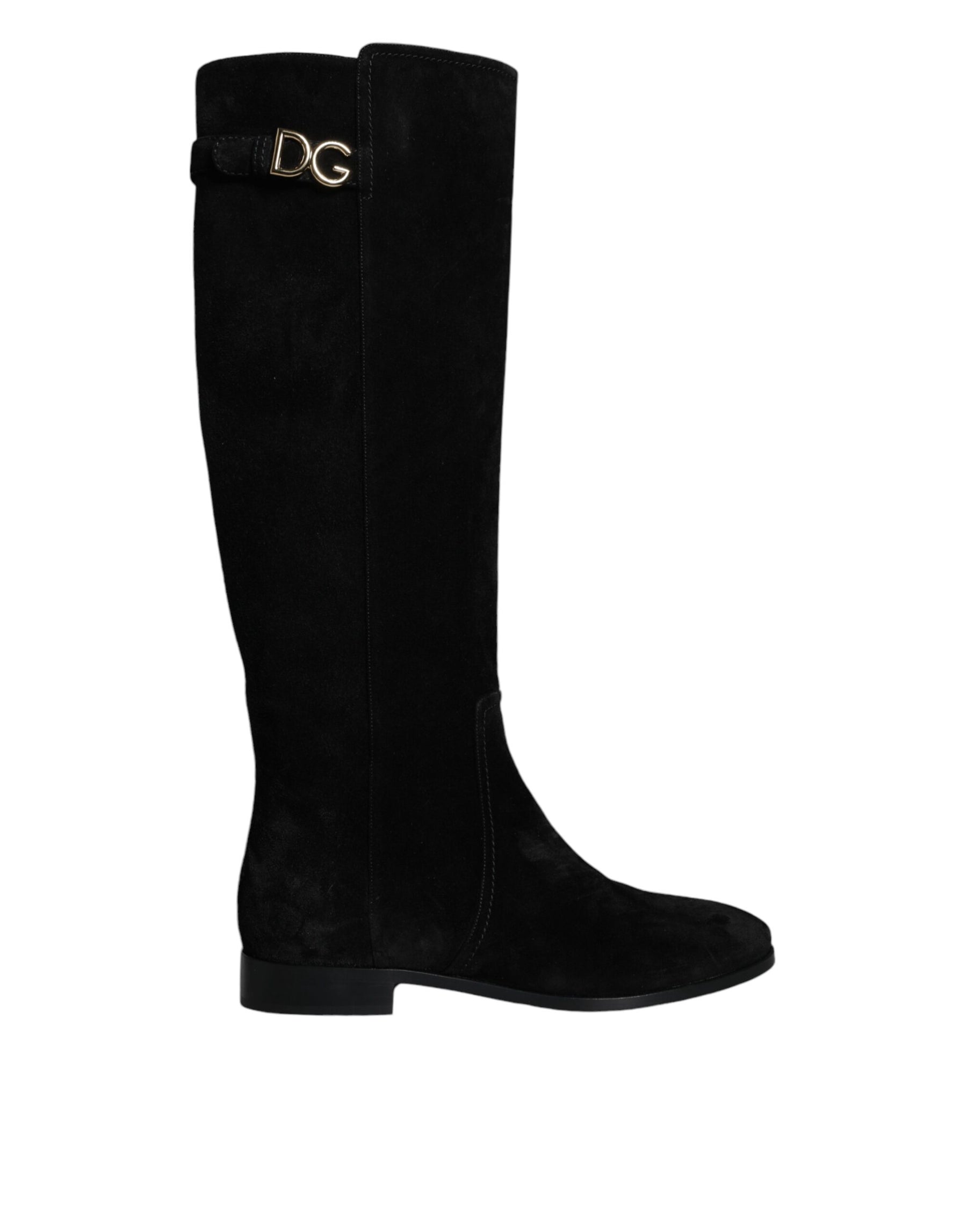 Dolce & Gabbana Black Suede Leather Knee High Boots Shoes | Regal Royce