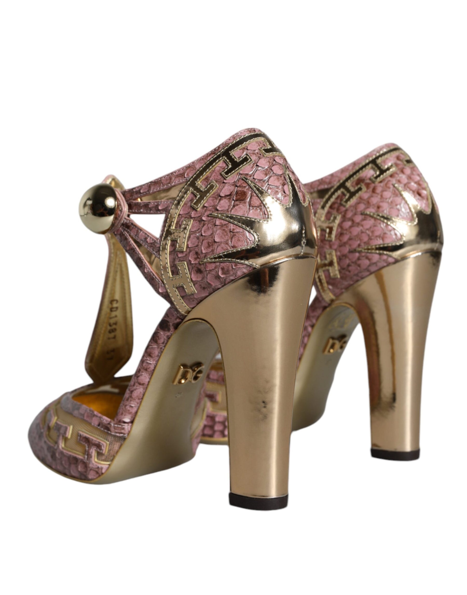 Dolce & Gabbana Pink Gold Leather Pumps T-strap Sandals Shoes | Regal Royce