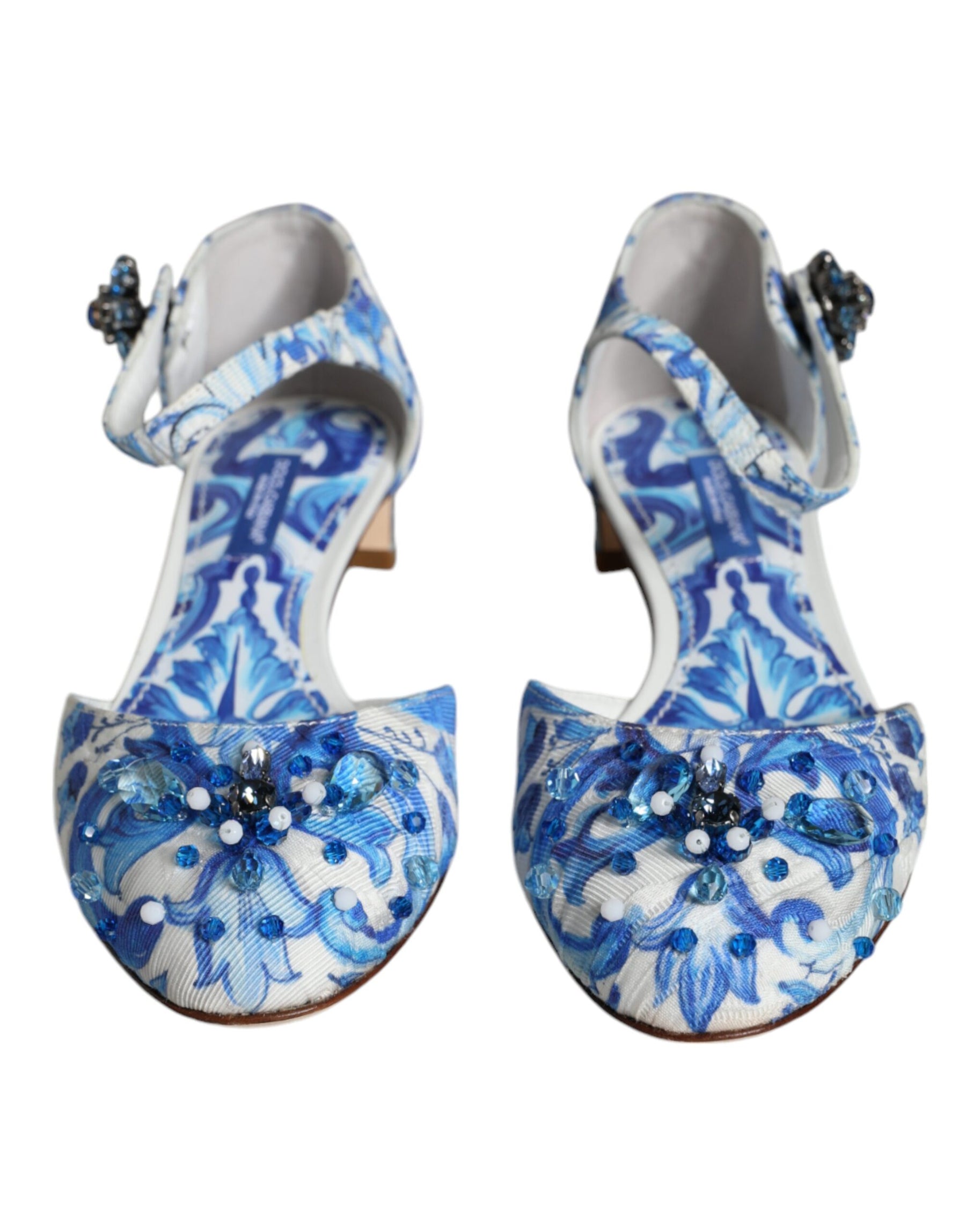 Dolce & Gabbana White Blue Majolica Print Ankle Strap Sandals Shoes | Regal Royce