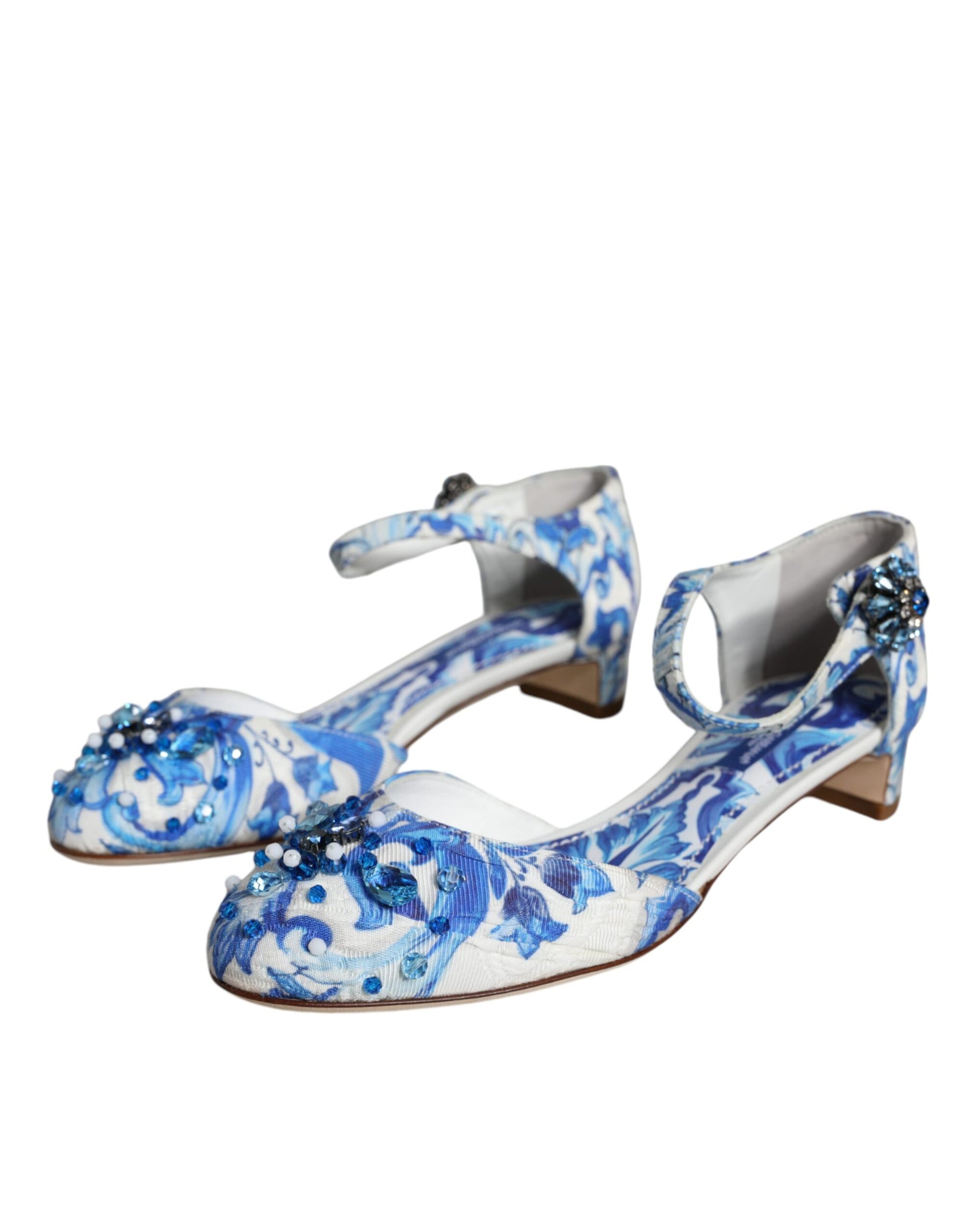 Dolce & Gabbana White Blue Majolica Print Ankle Strap Sandals Shoes | Regal Royce