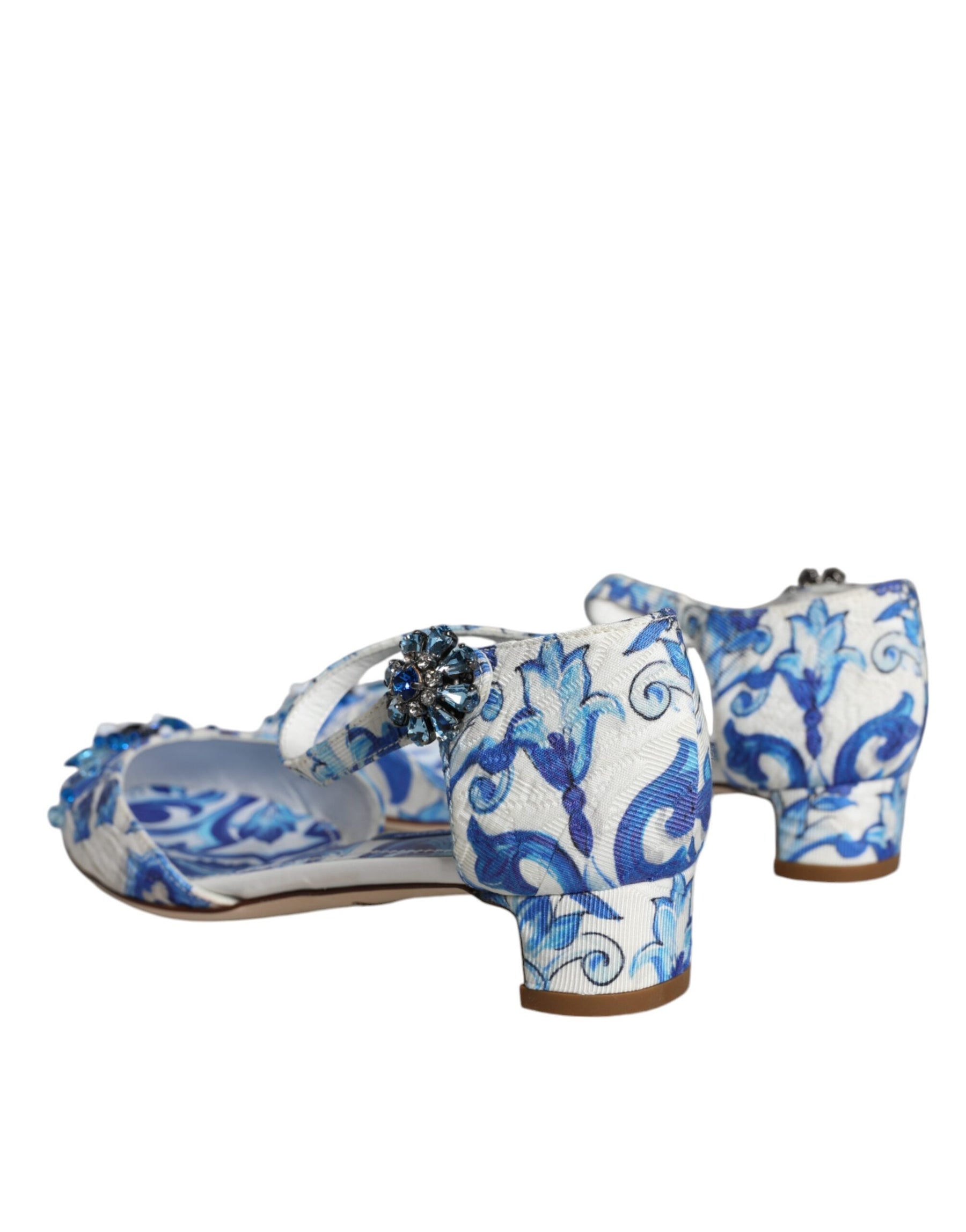 Dolce & Gabbana White Blue Majolica Print Ankle Strap Sandals Shoes | Regal Royce
