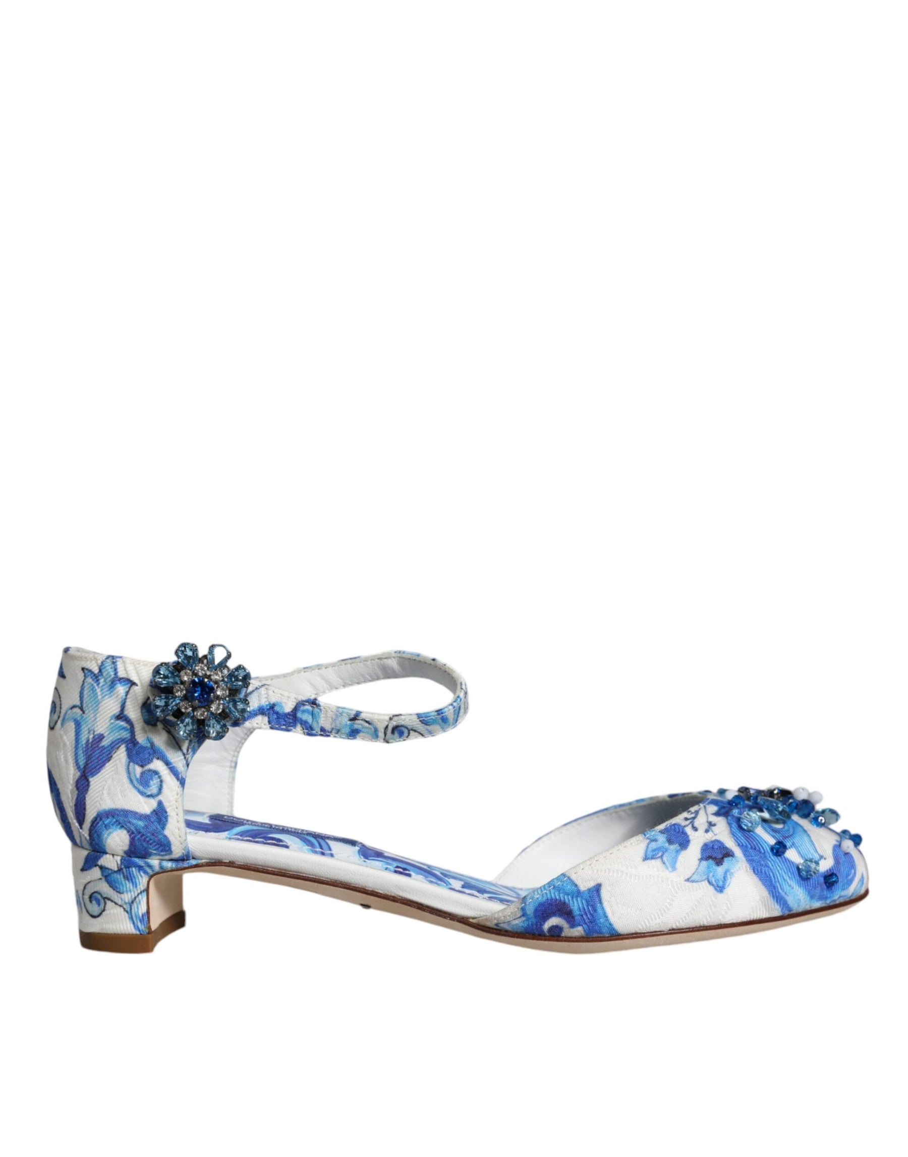 Dolce & Gabbana White Blue Majolica Print Ankle Strap Sandals Shoes | Regal Royce