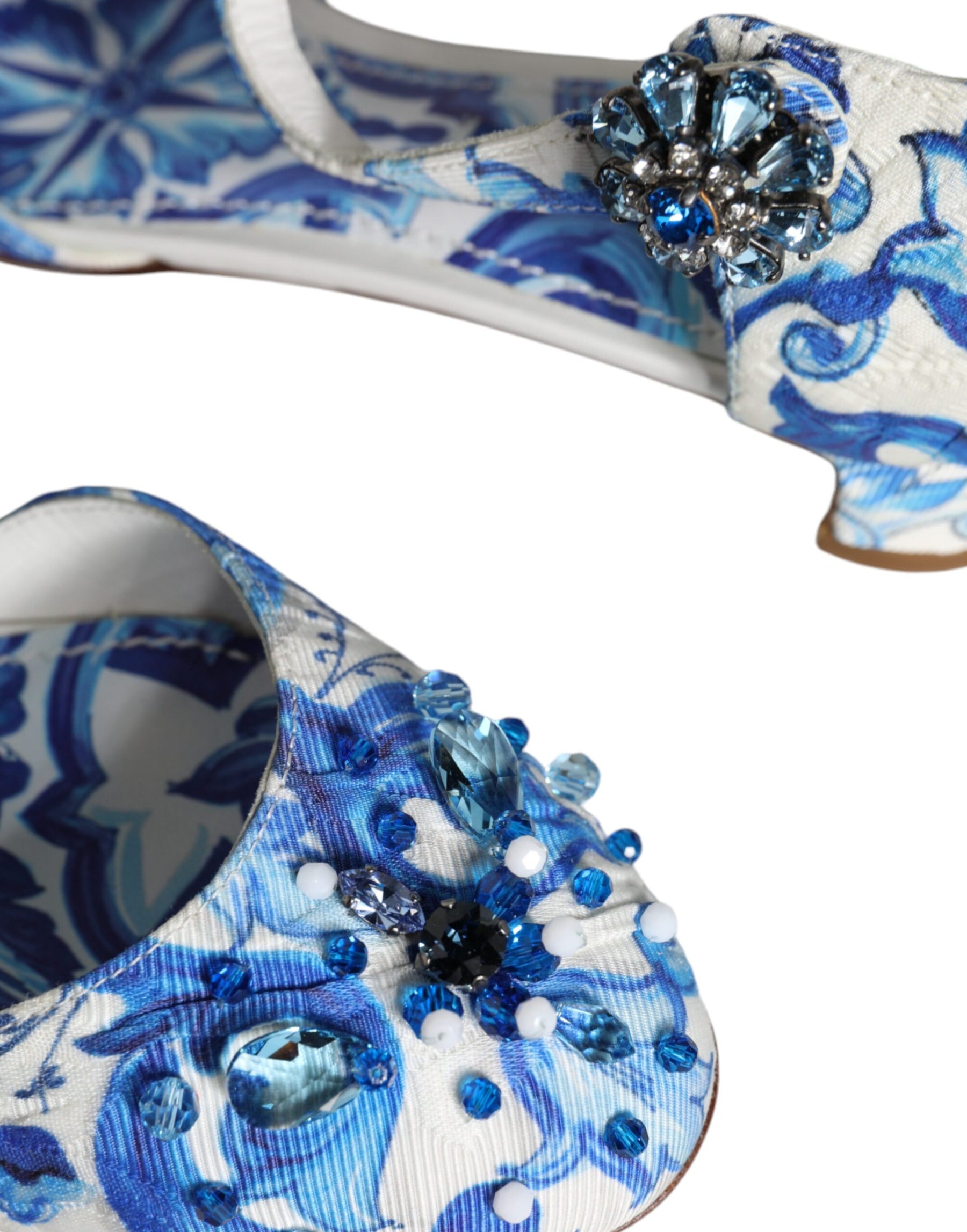 Dolce & Gabbana White Blue Majolica Print Ankle Strap Sandals Shoes | Regal Royce