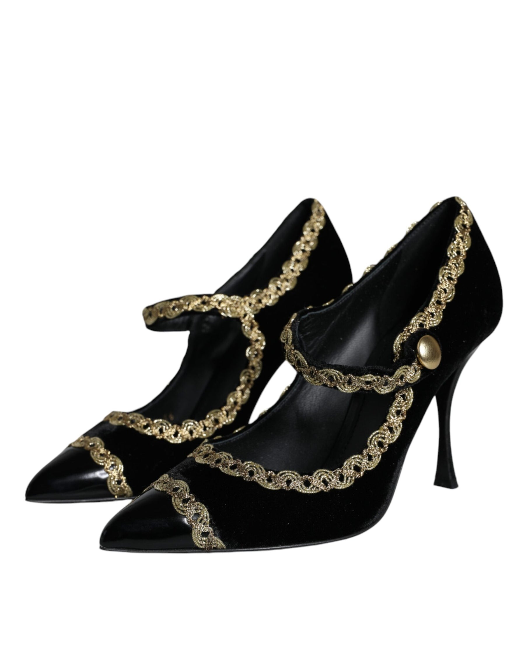 Dolce & Gabbana Black Mary Janes Velvet Gold Pumps Shoes | Regal Royce