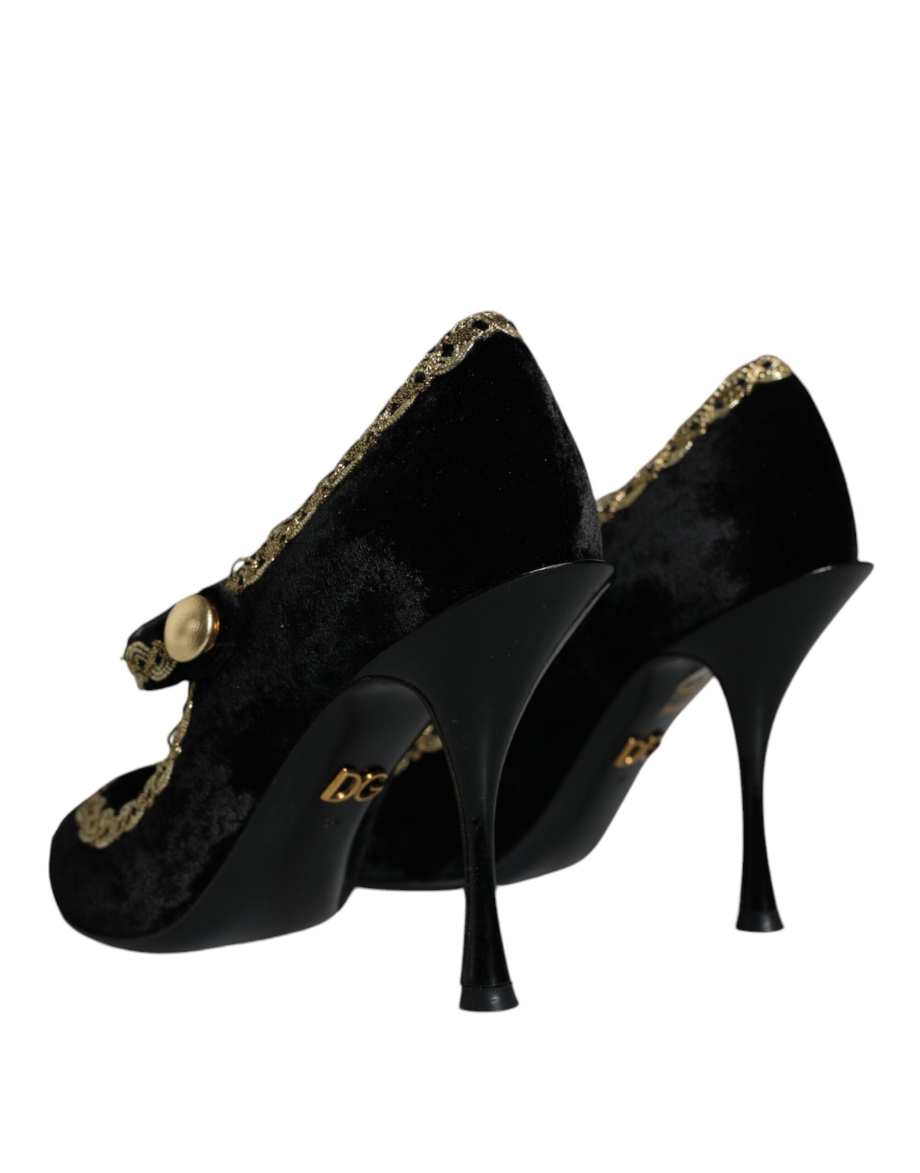 Dolce & Gabbana Black Mary Janes Velvet Gold Pumps Shoes | Regal Royce